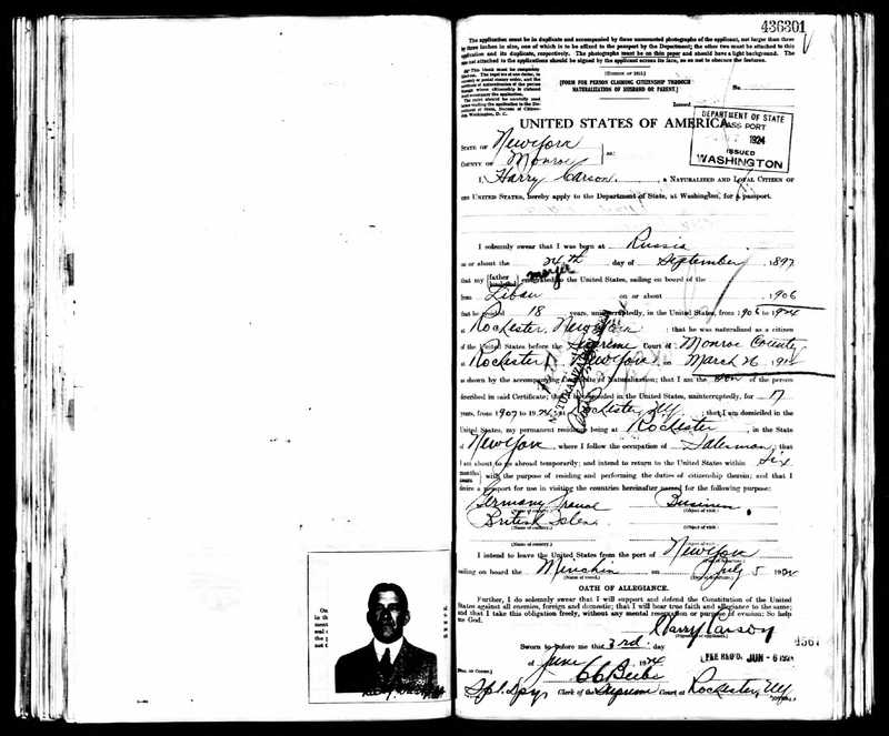 Harry Carson, US Passport Application Page 1, Ancestry.jpg