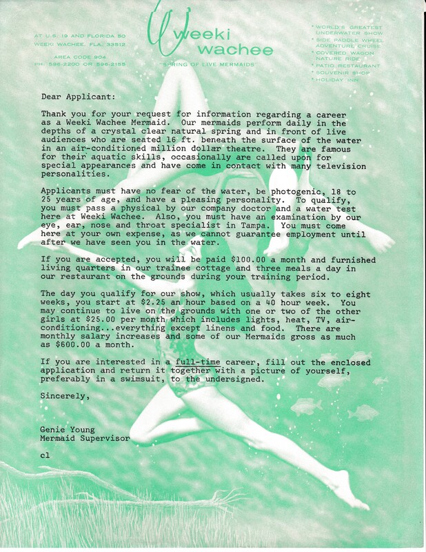 Stock Letter for Those Interested in Becoming Weeki Wachee Springs Mermaids, sent to Becky Young in 1972