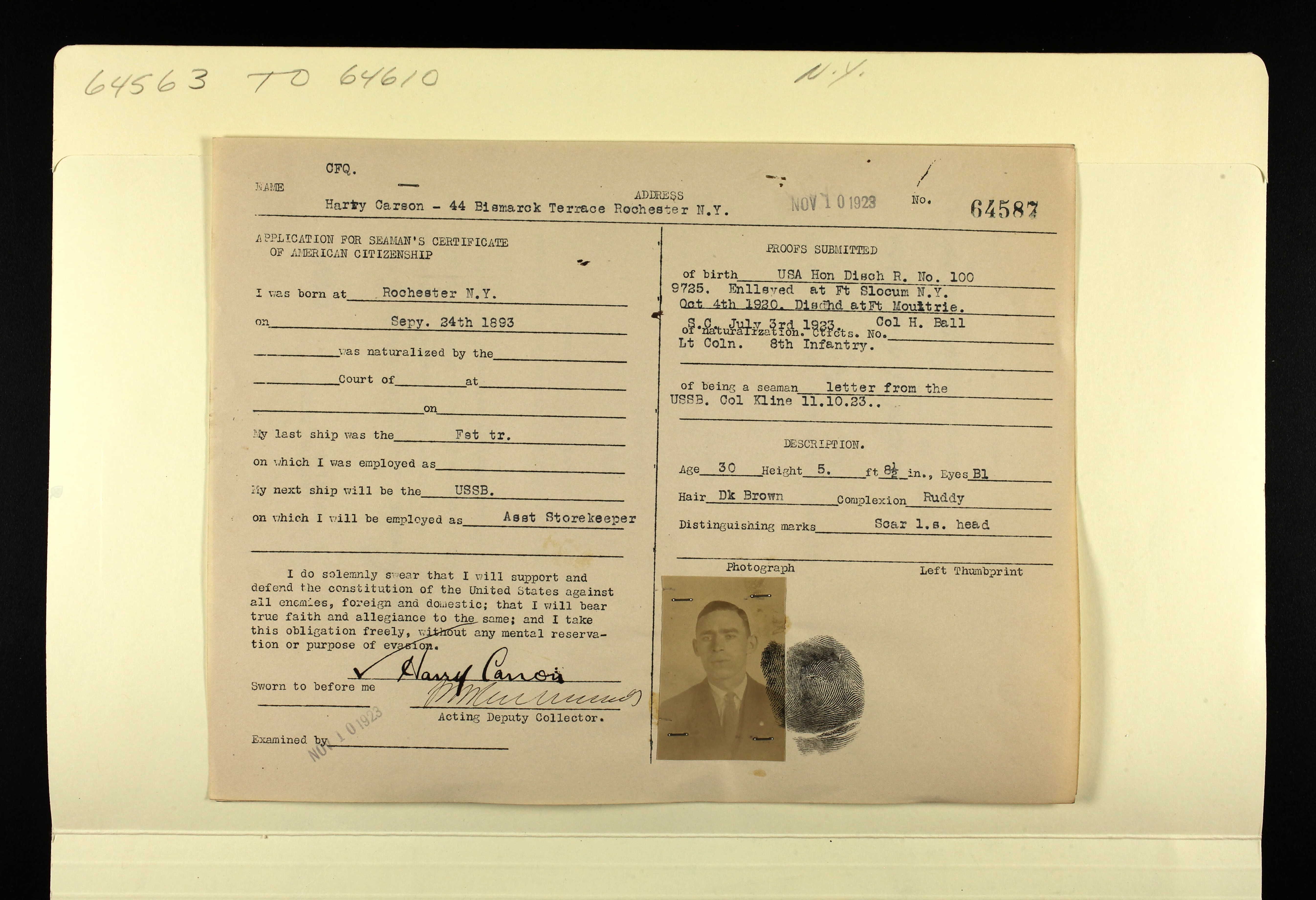 Carson's Certificate of Seaman Application