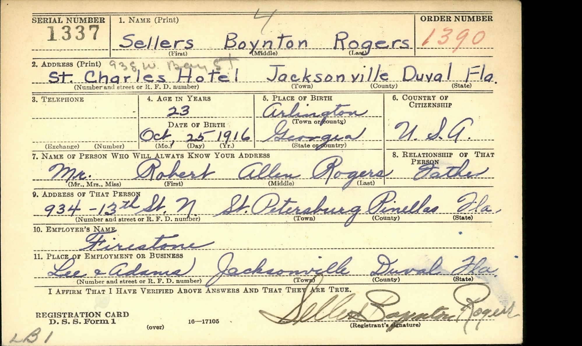 WWII Draft Registration Card for Sellers B. Rogers
