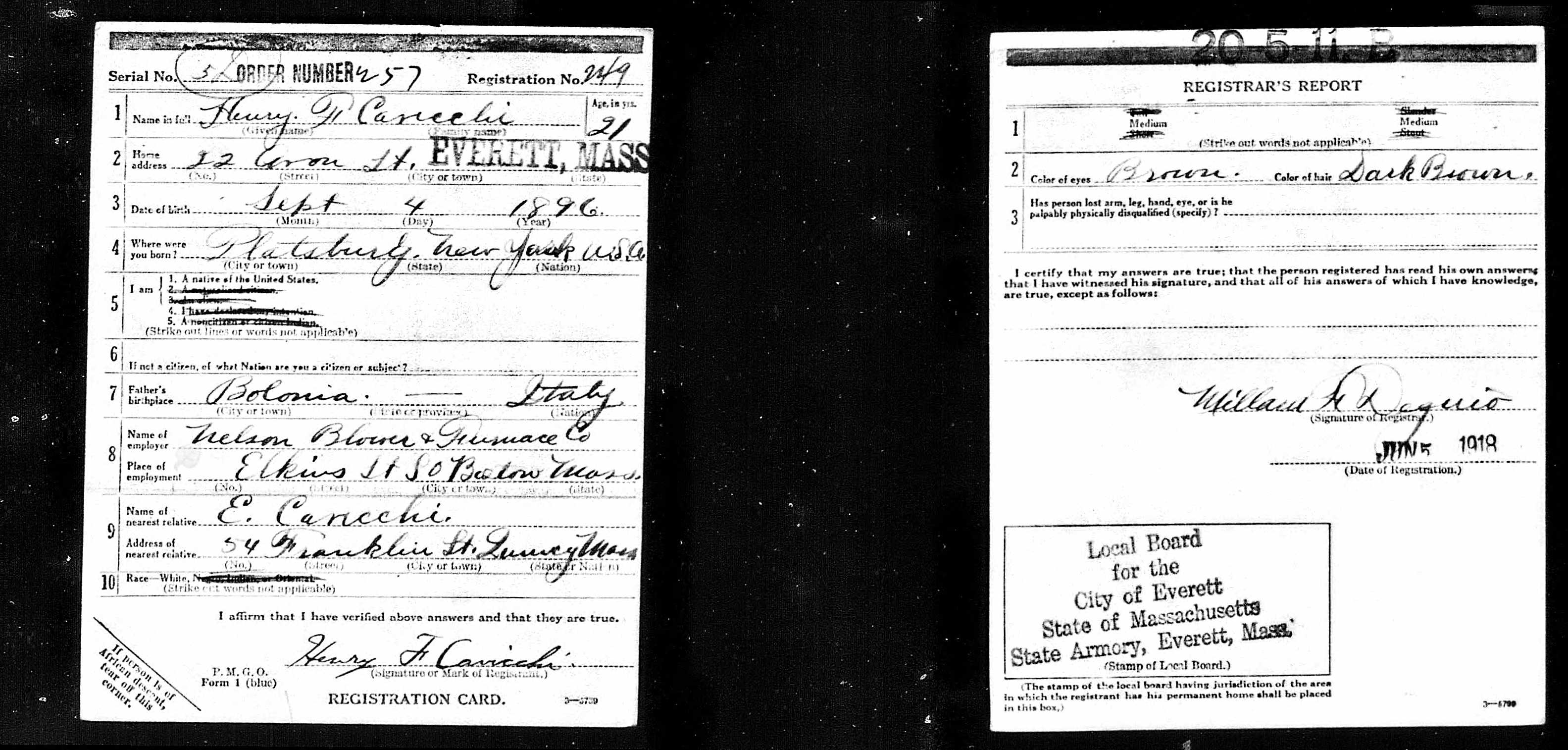 WWI Registration Card for Henry Cavicchi