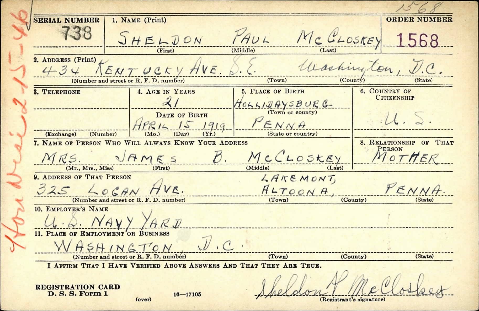 World War II Draft Card for Sheldon McCloskey