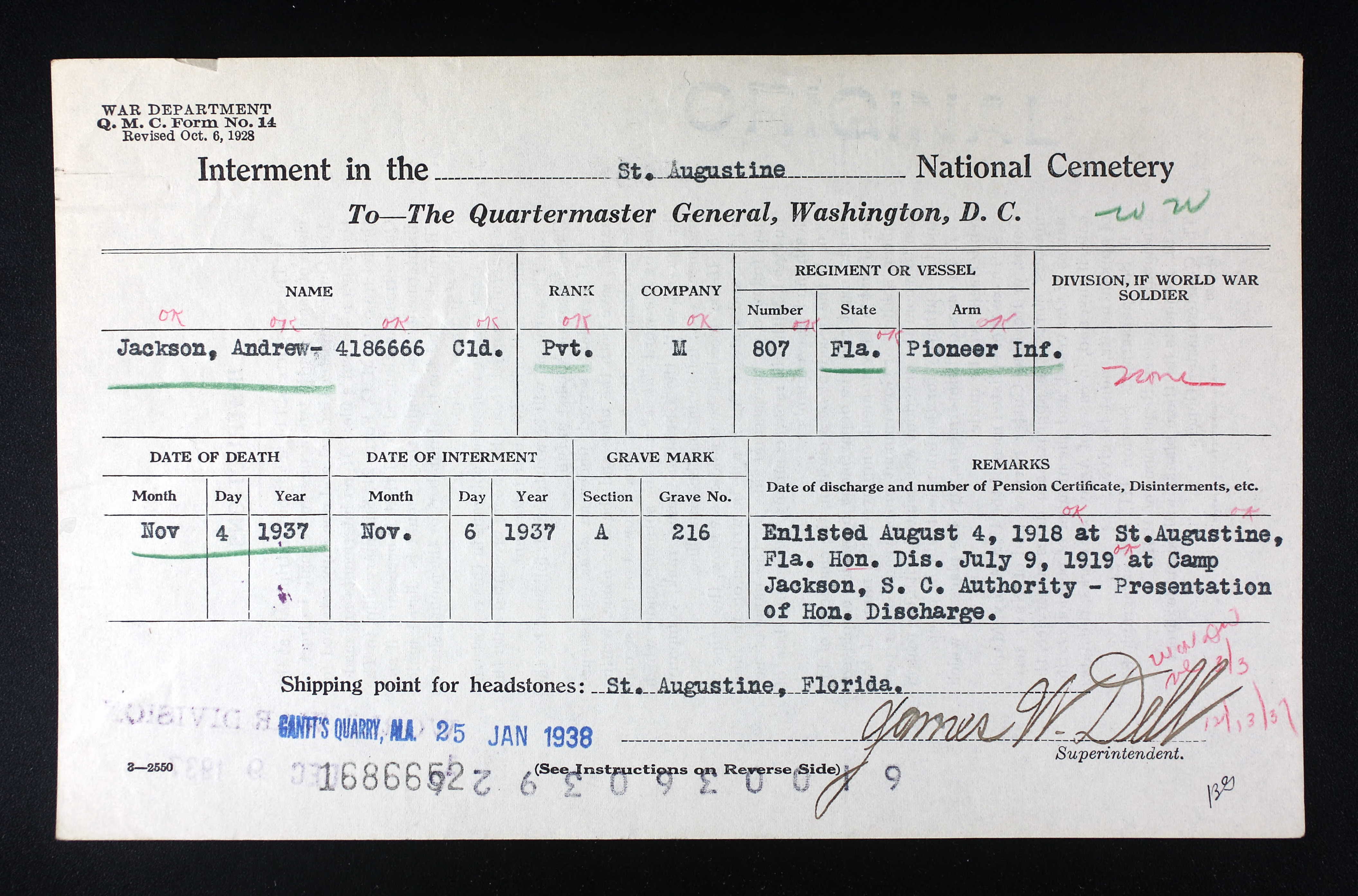 Internment card of Andrew Jackson