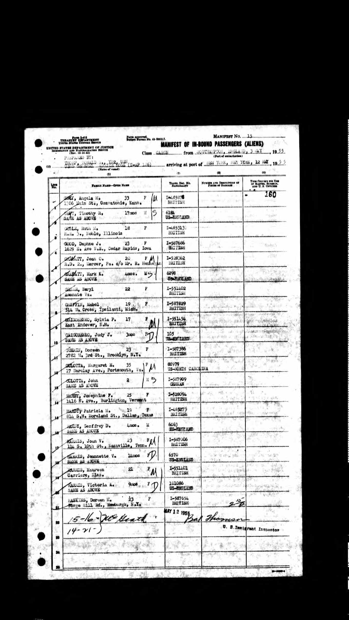 New York Passenger List, Harris Family, 1955