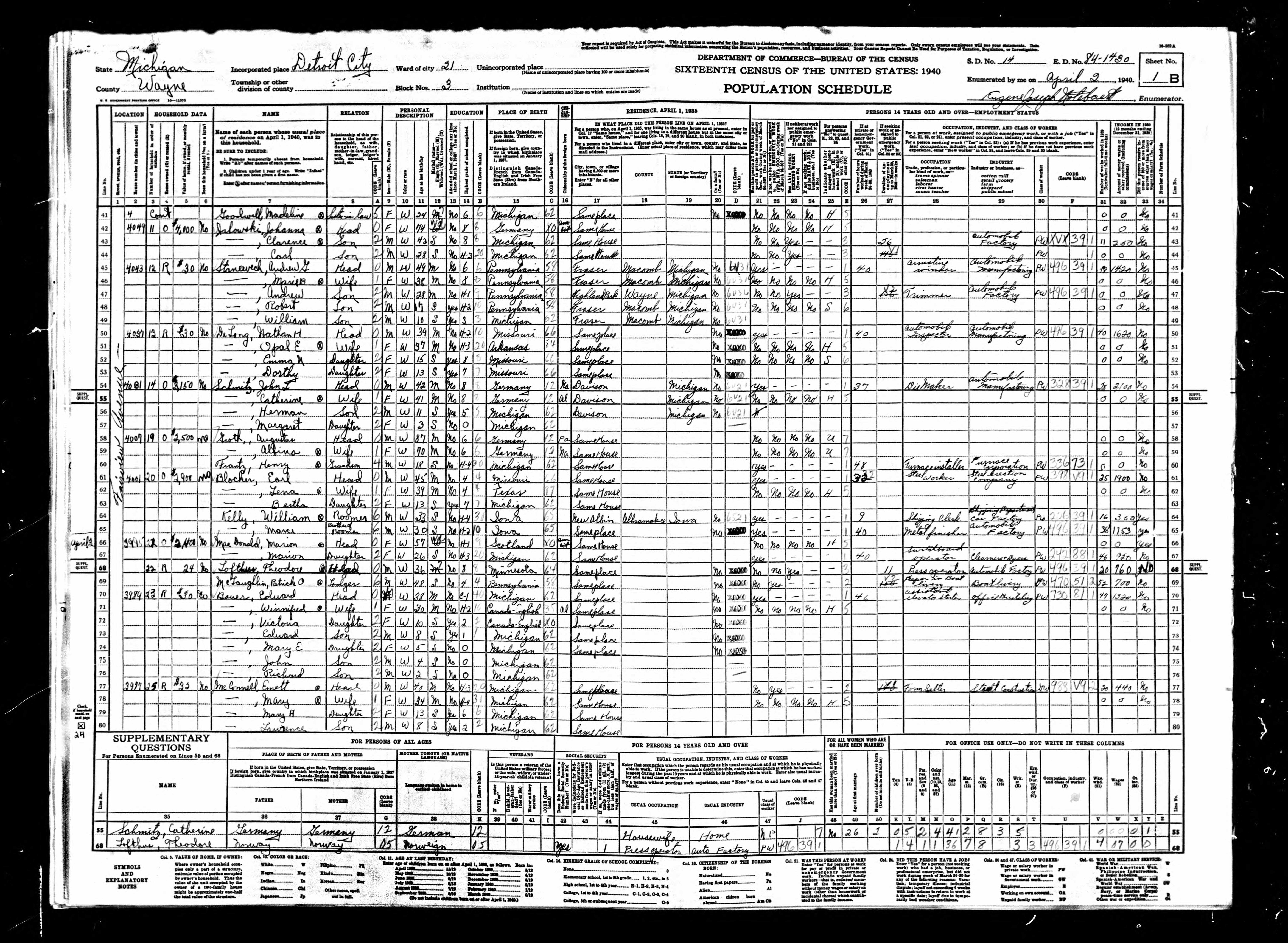 1940 Census, John Bauer, line 75