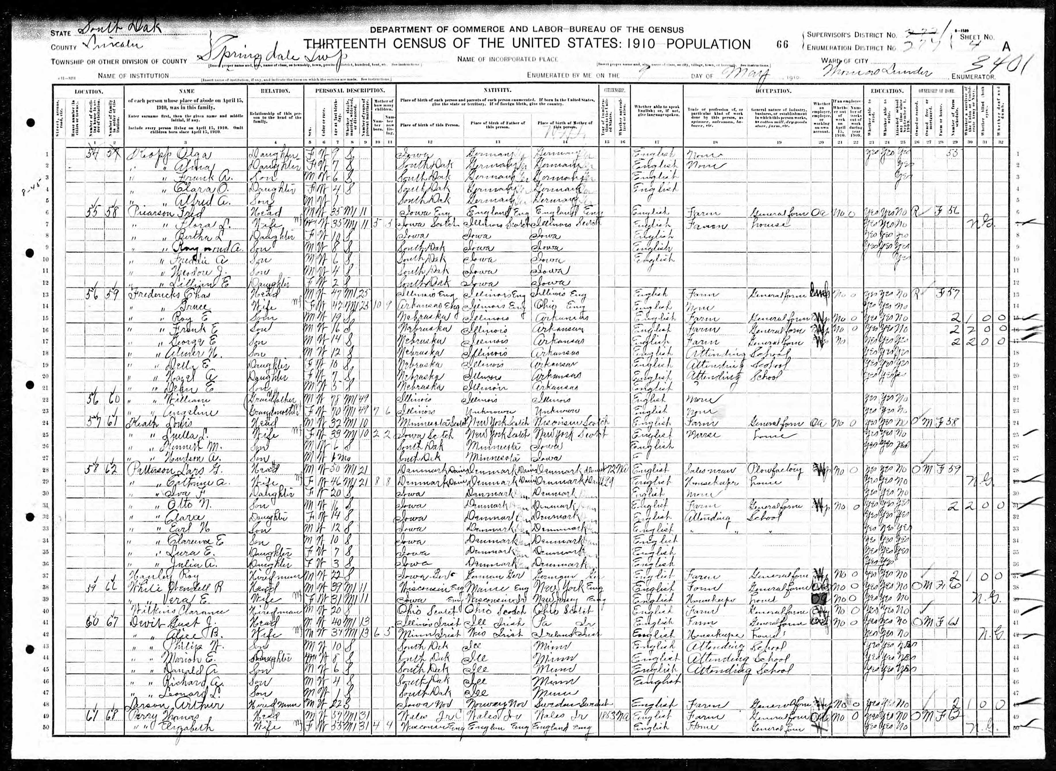 1910 Census, Earl H. Patterson, line 33