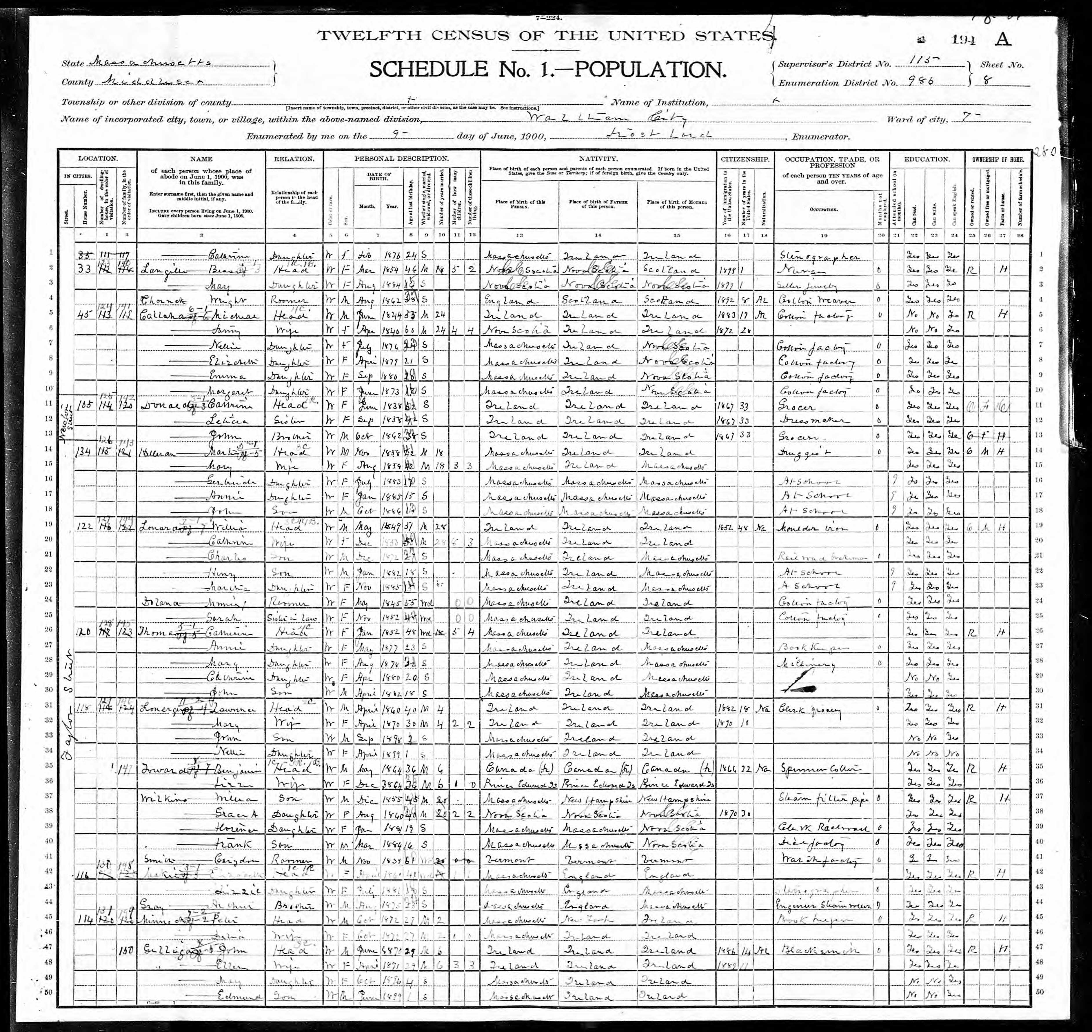 1900 US Census, Mary Gilligan Line 49