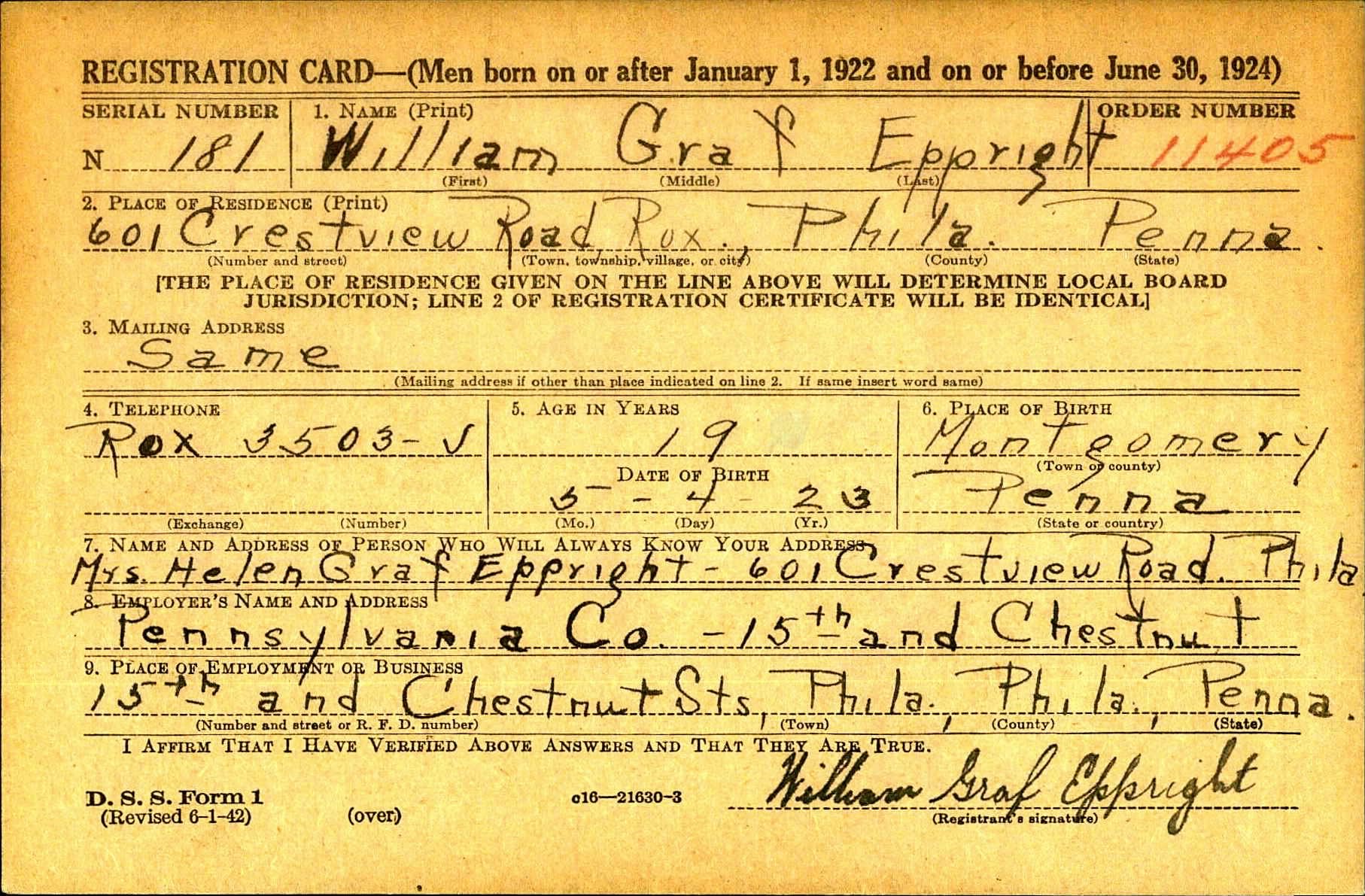 WWII Draft Registration Card for William Eppright