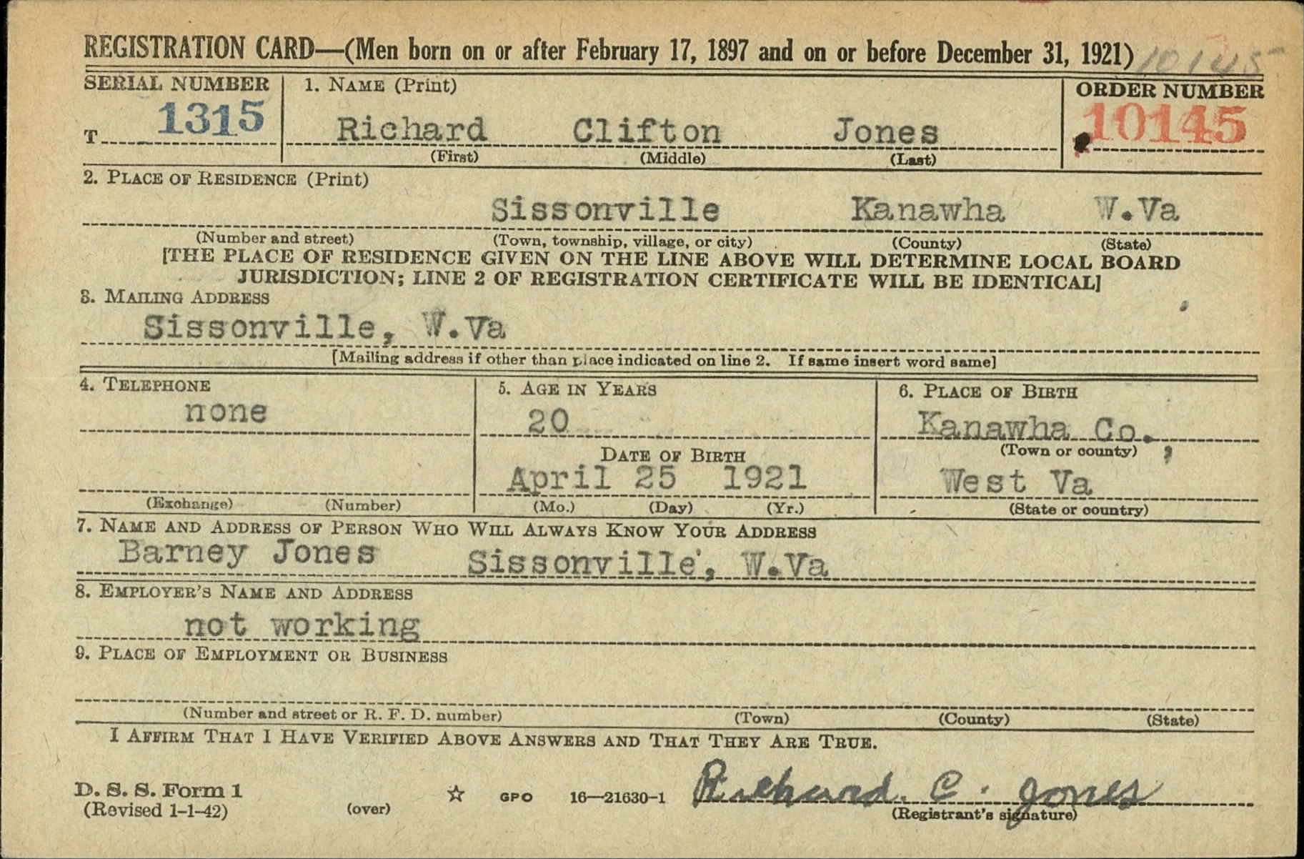 Word War II Draft Registration Card for Richard Clifton Jones