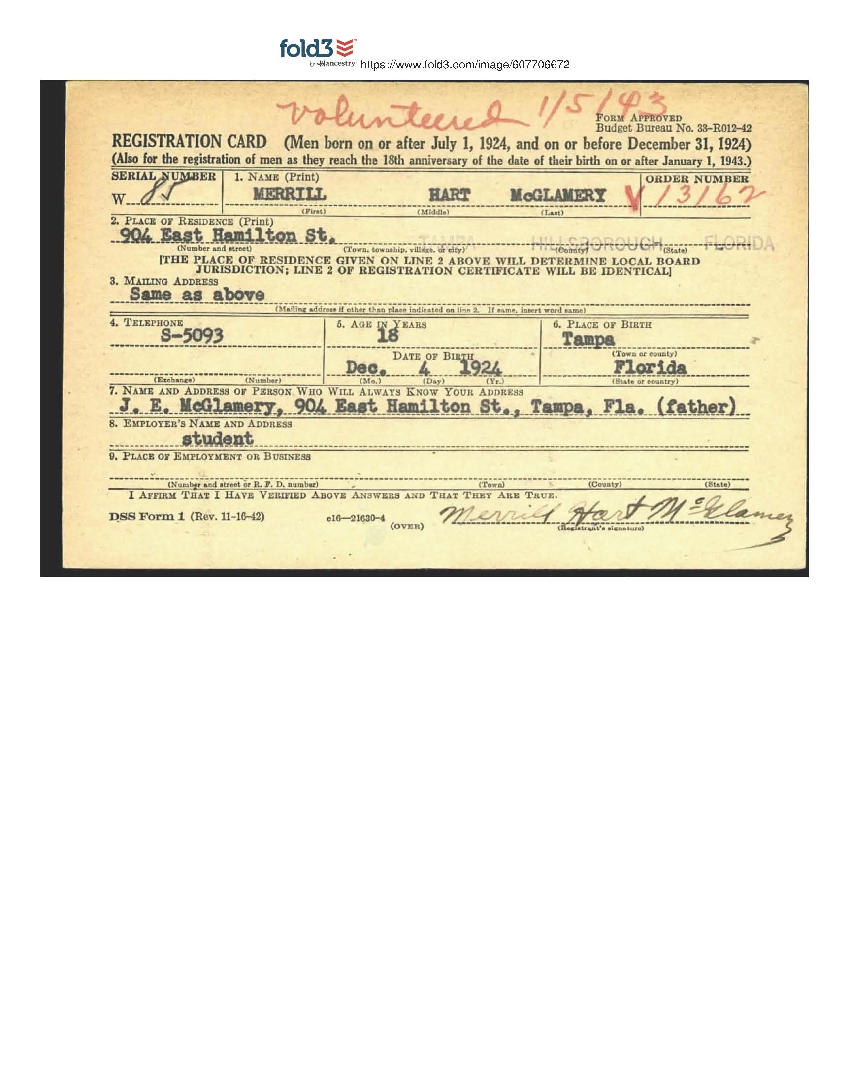 Draft Registration Card for Merrill Hart McGlamery