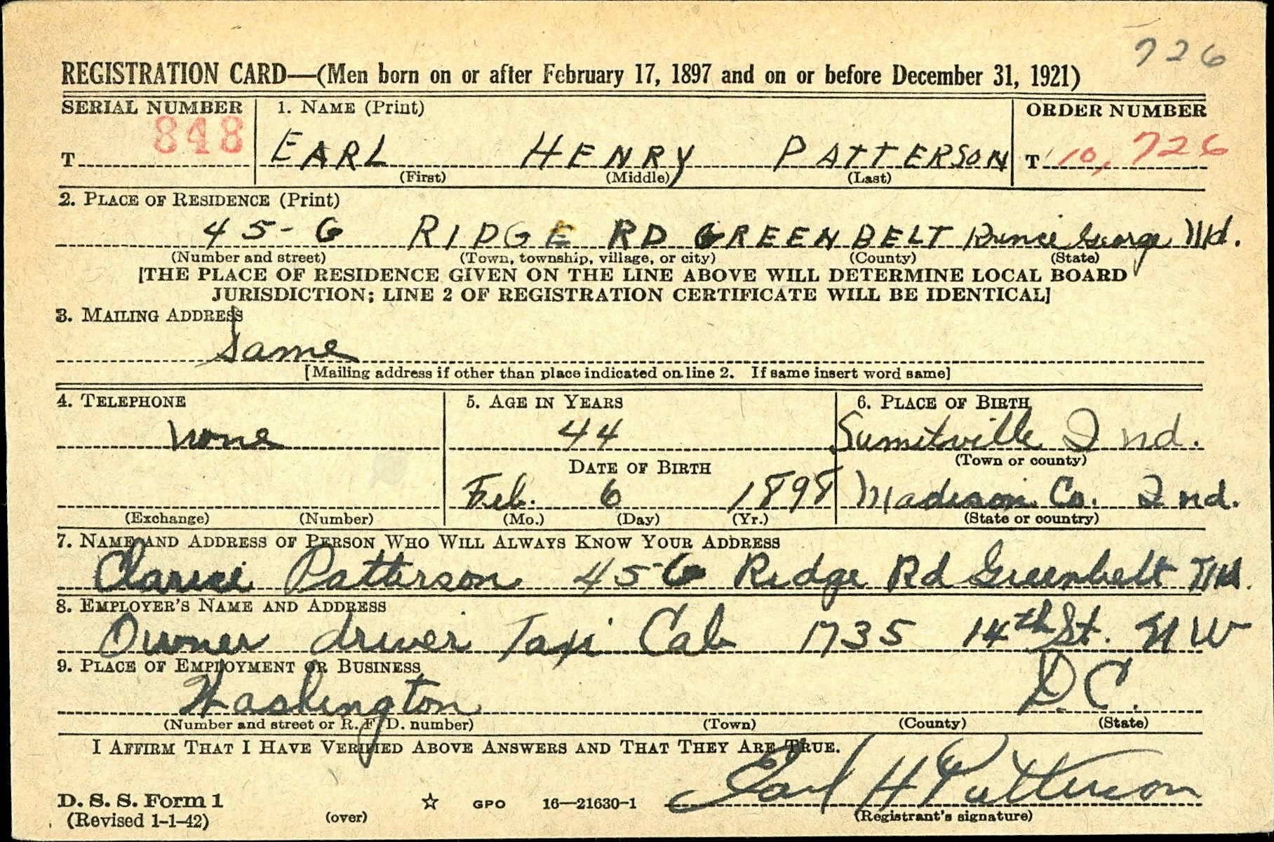 World War II Draft Registration Card for Earl Henry Patterson