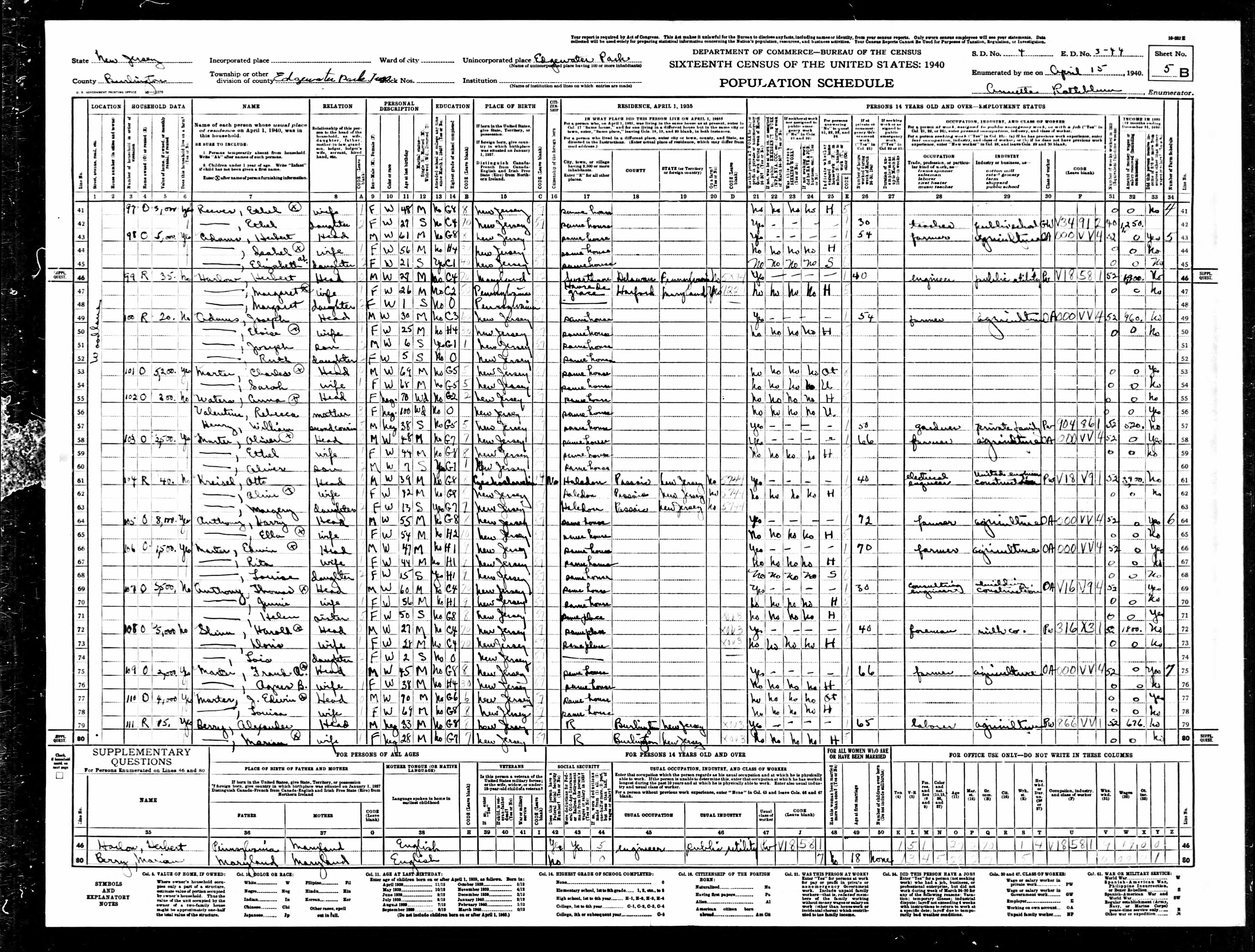 1940 US Census, Joseph Adams, line 51
