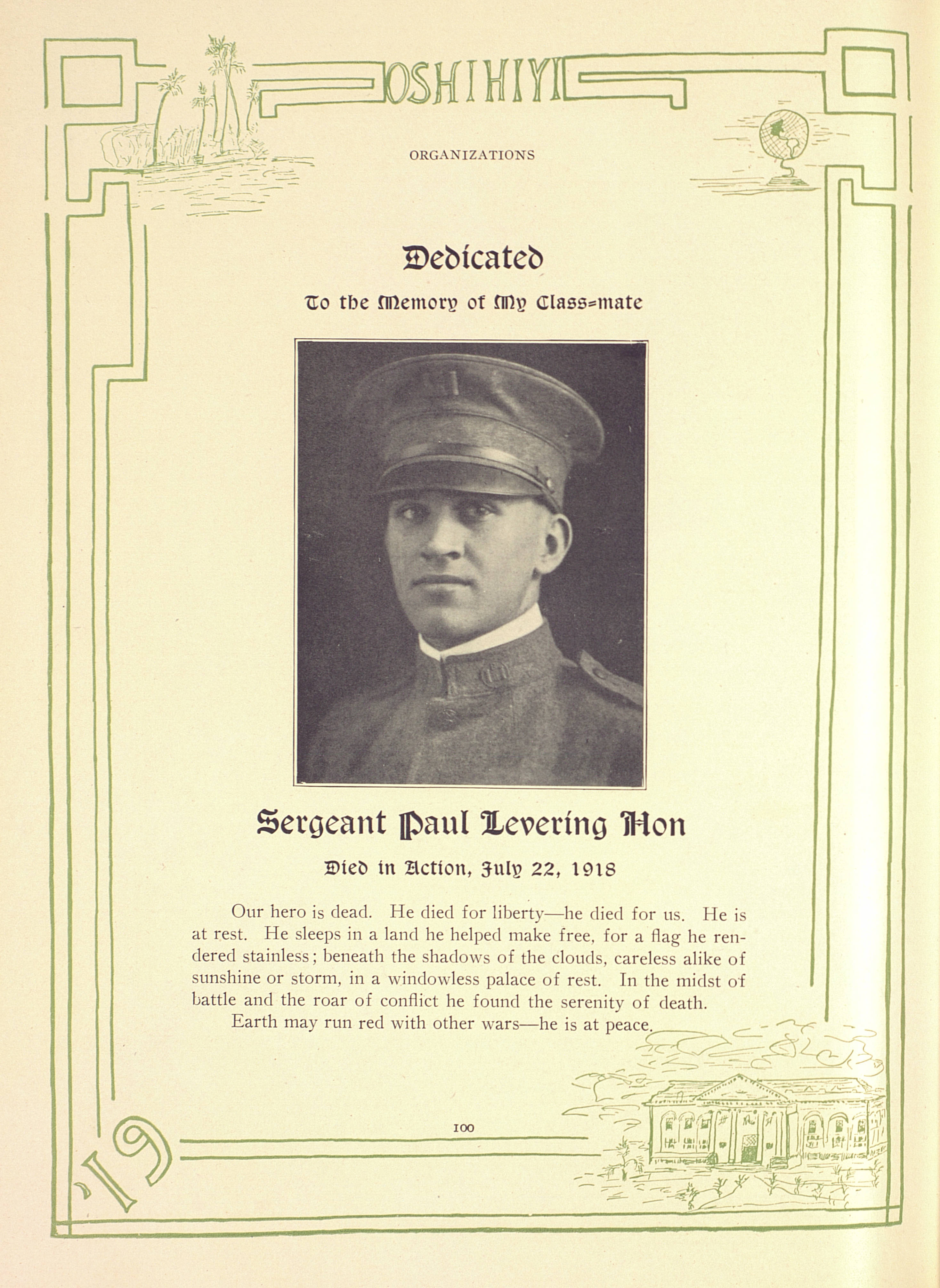 1919 Yearbook page for Paul Hon
