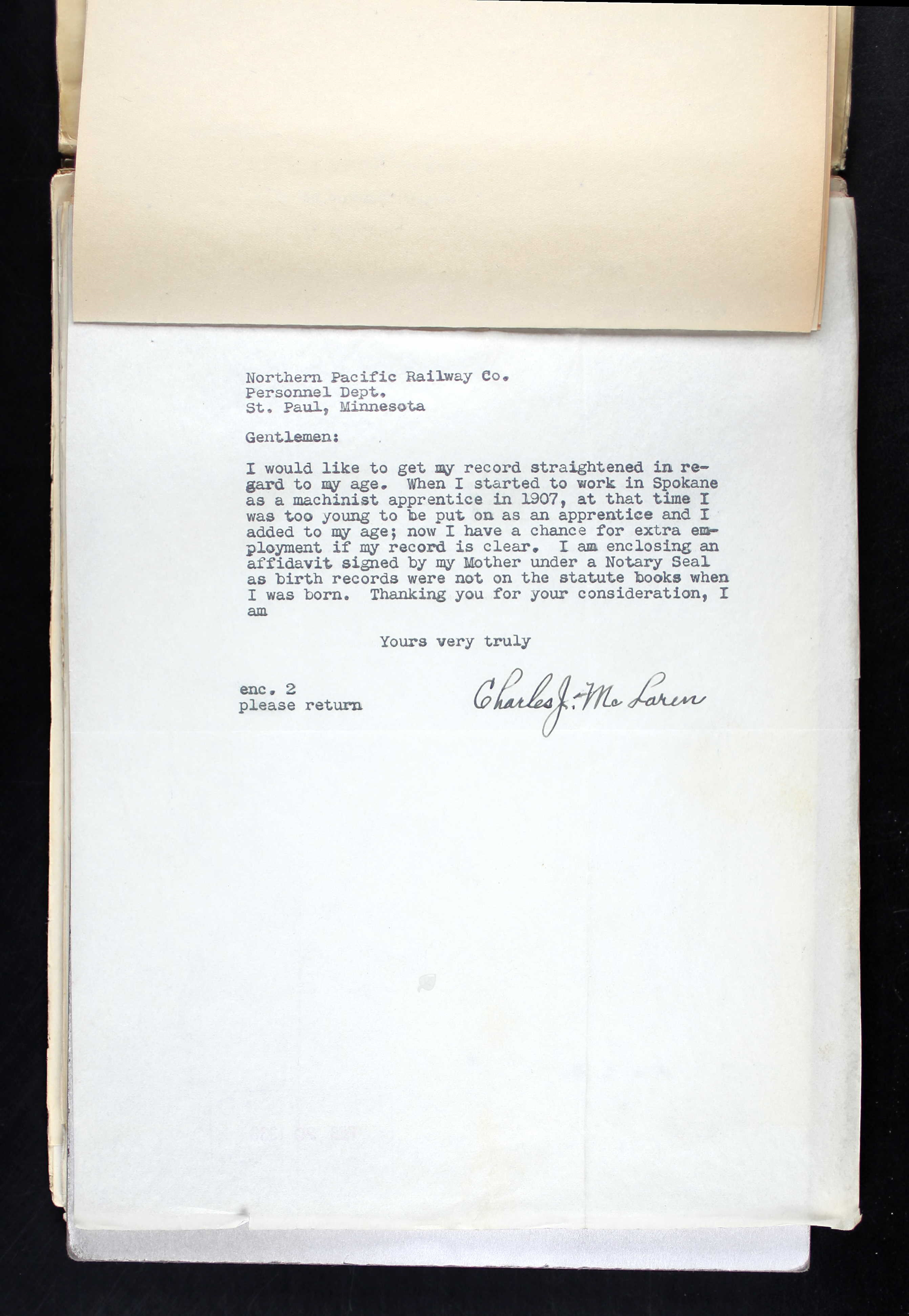Letter to Northern Pacific Railway Company by Charles McLaren