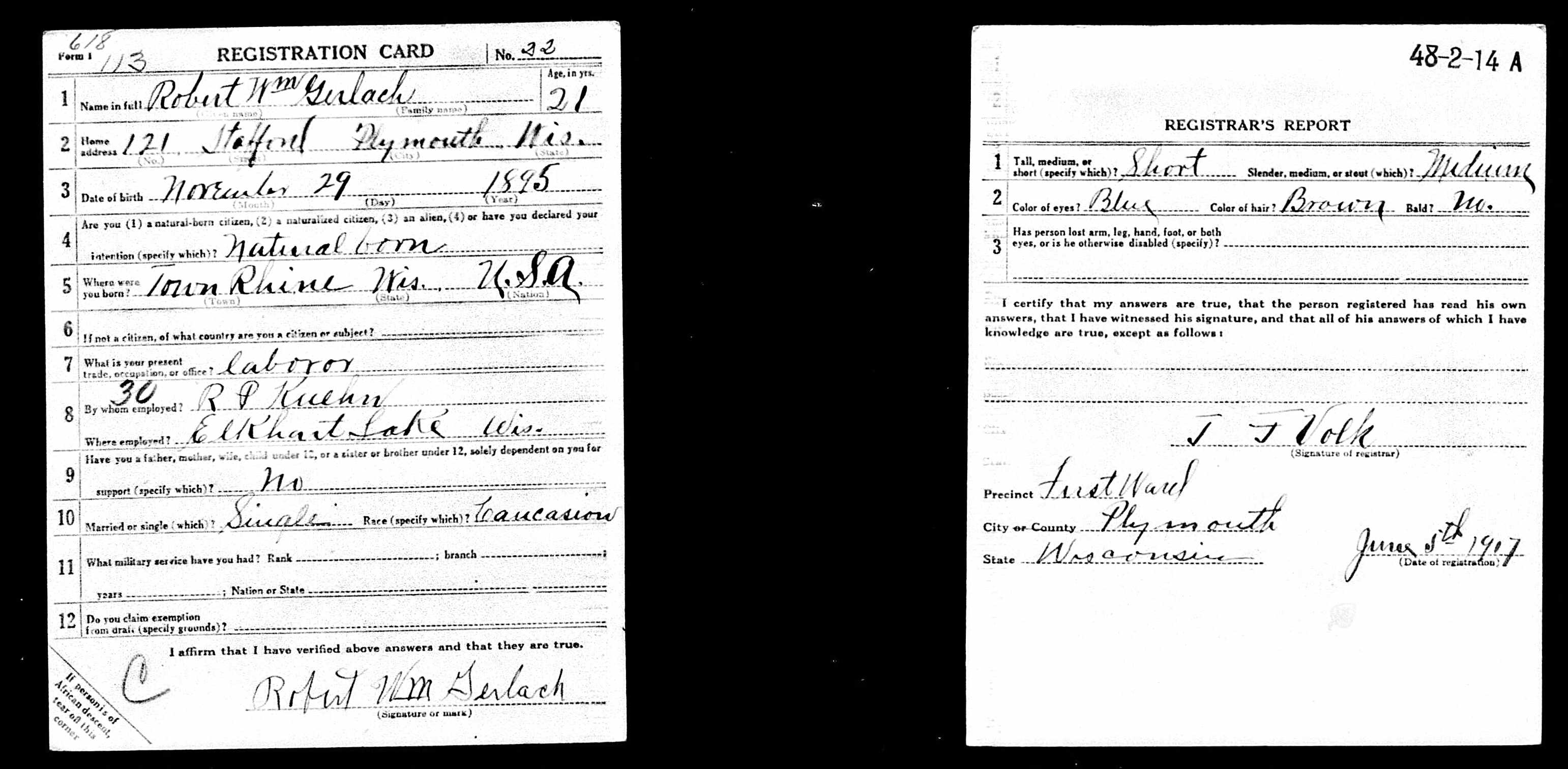 Gerlach World War I Draft Registration Card