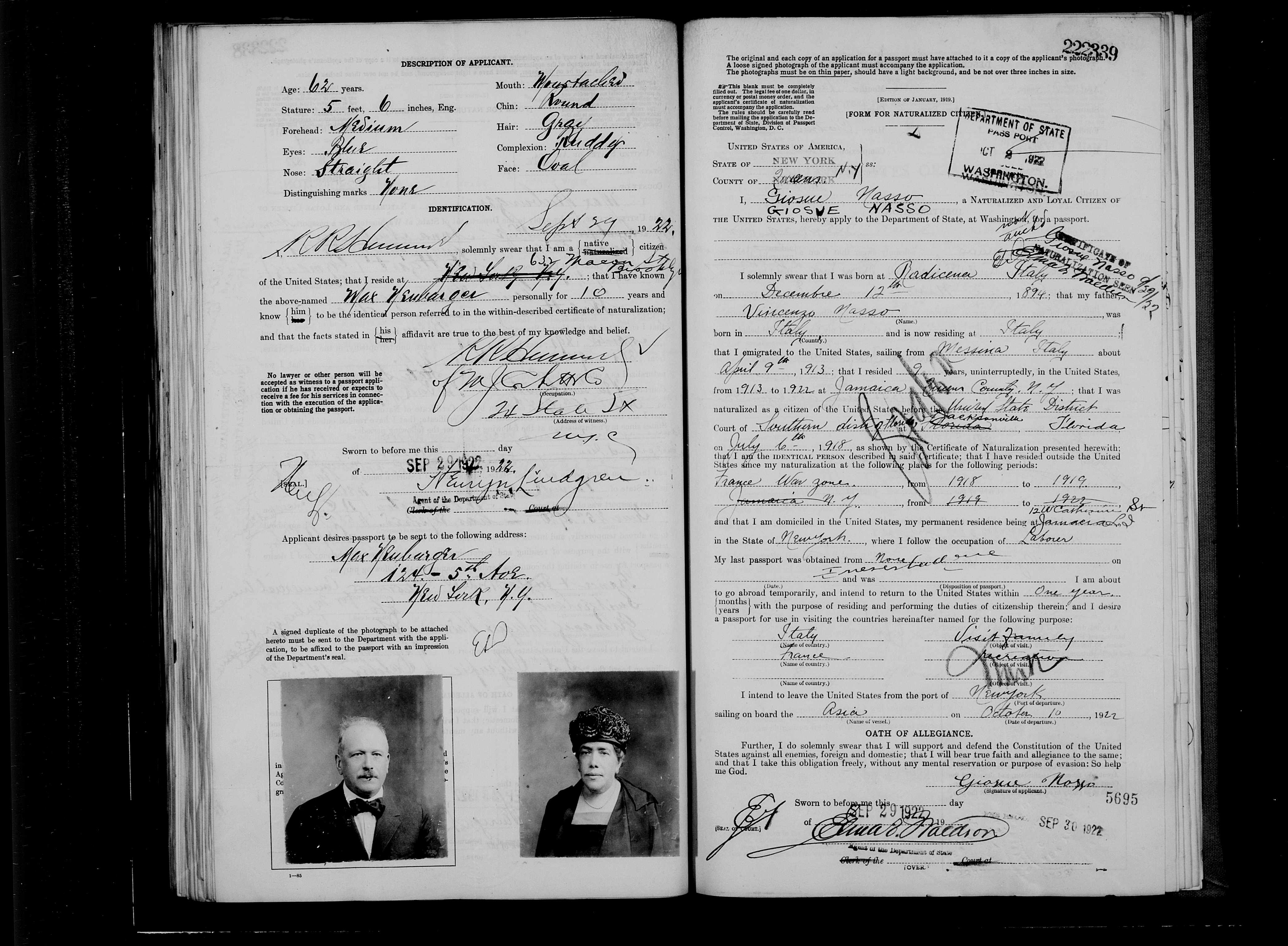 Passport Application for Giosue Nasso, 1922