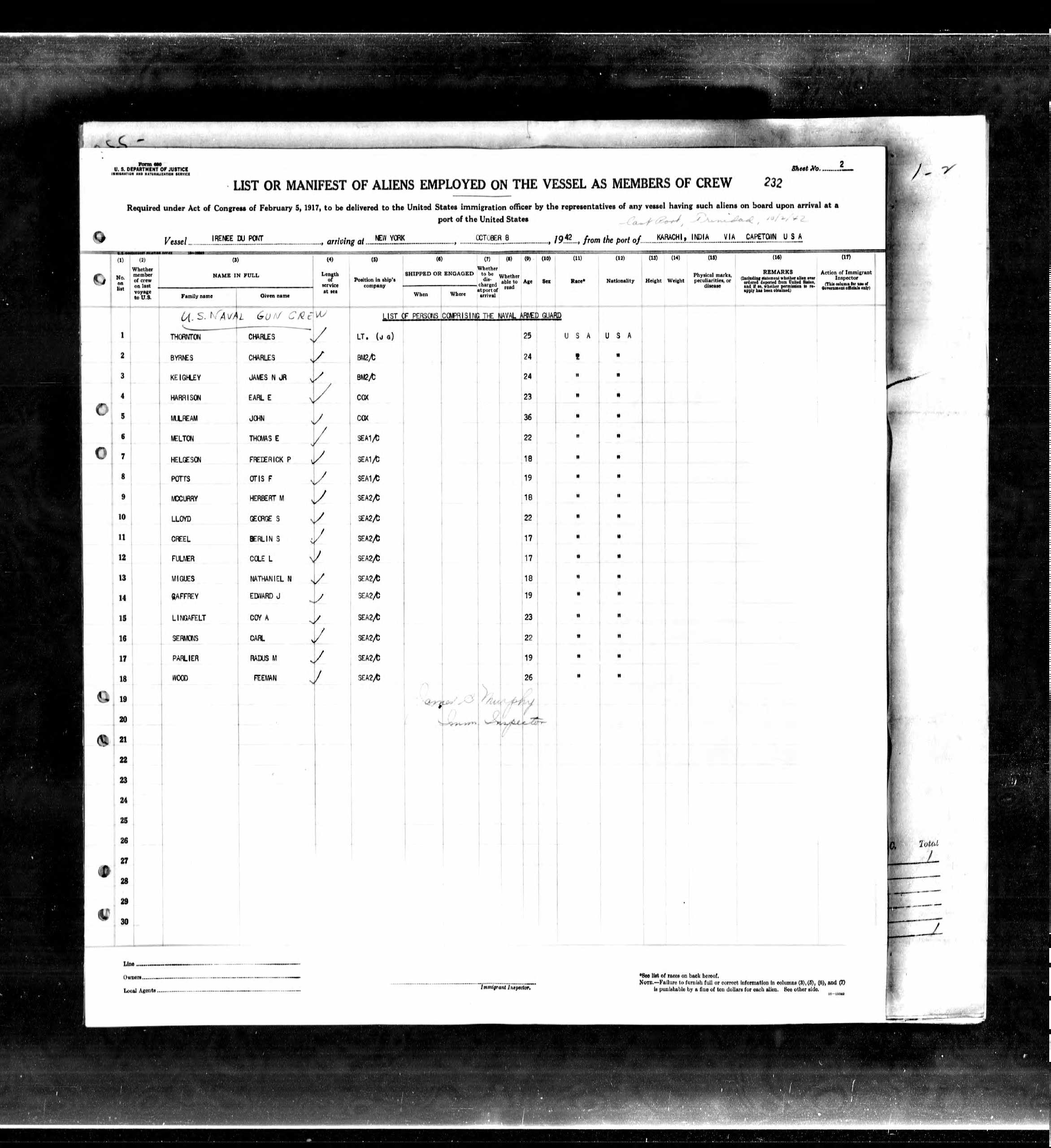 Passenger List, Irénée Du Pont, 1942