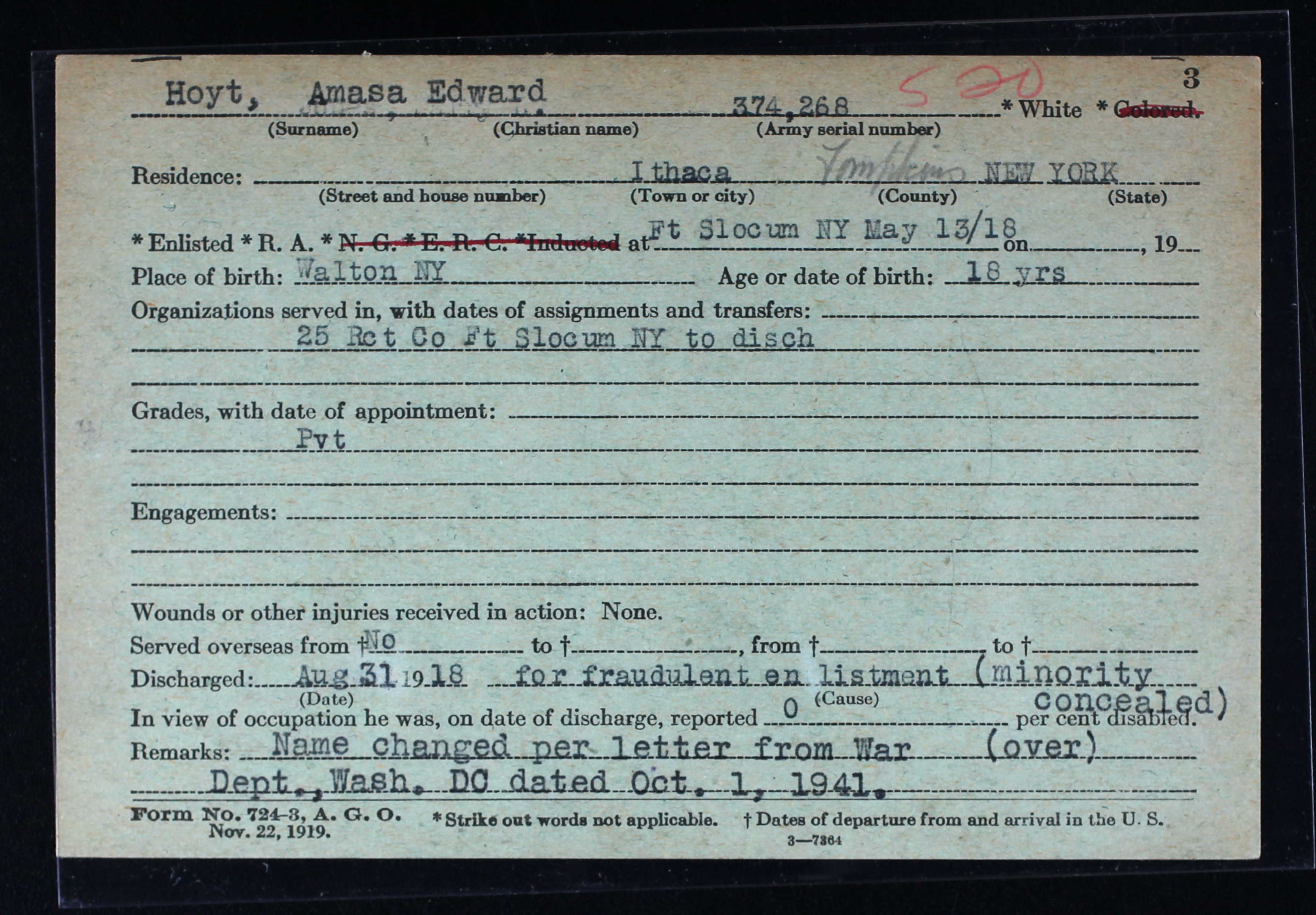 Abstract of WWI Military Service for Amasa Hoyt, Jr.