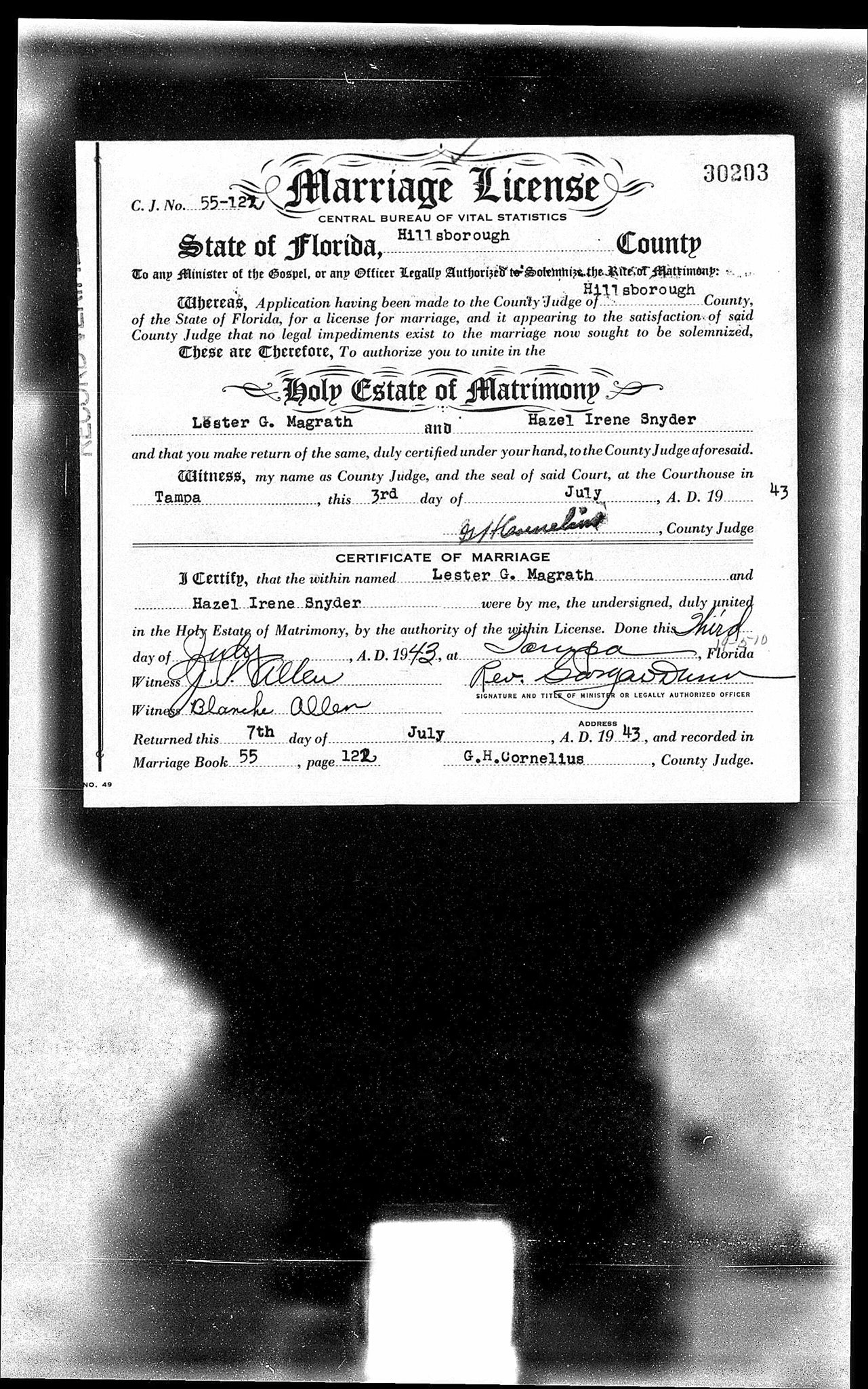 Marriage License for Lester Magrath and Hazel Snyder