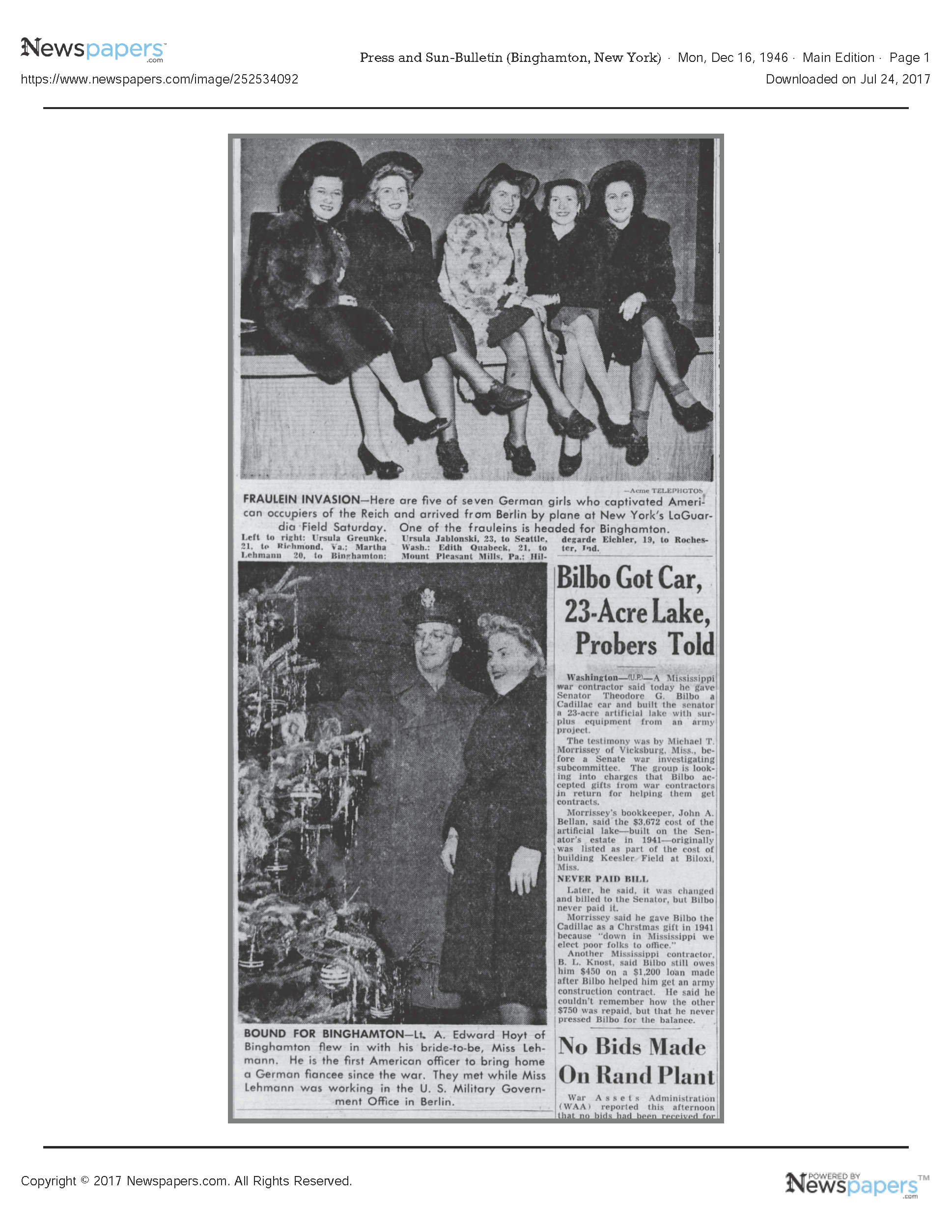 Article, 'Fraulein Invasion, December, 1946