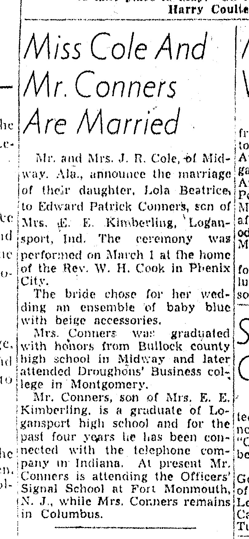 Marriage Announcment of Edward Conners and Lola Beatrice