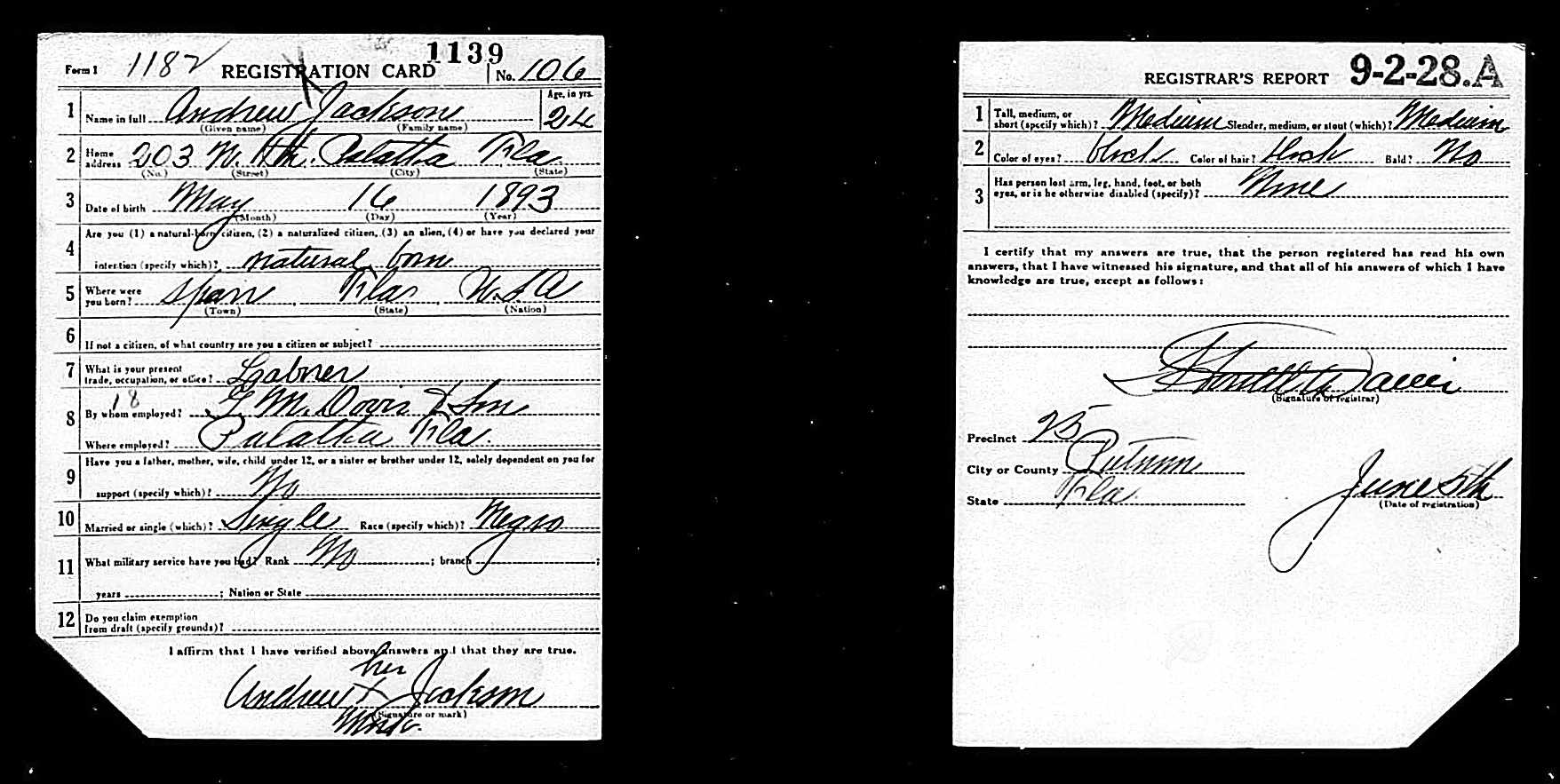 Draft Registration Card of Andrew Jackson