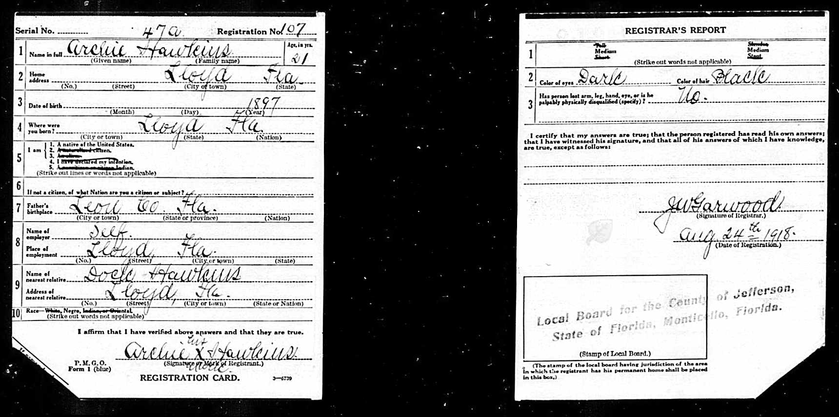 WWI Draft Registration Card for Archie Hawkins