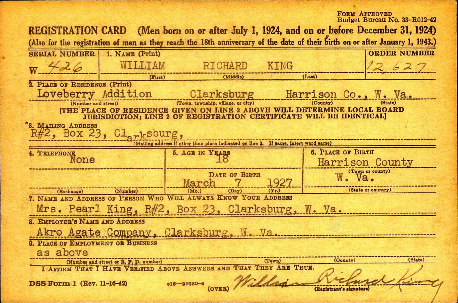 WWII Enlistment Record for William King