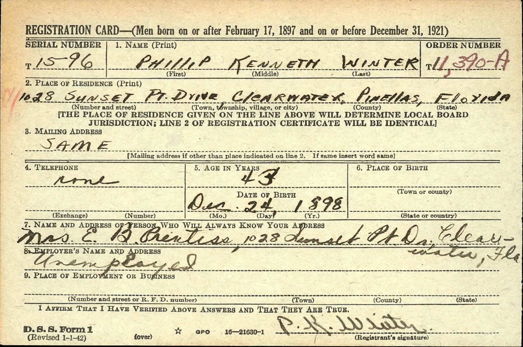 Phillip Winter WWII Registration Card