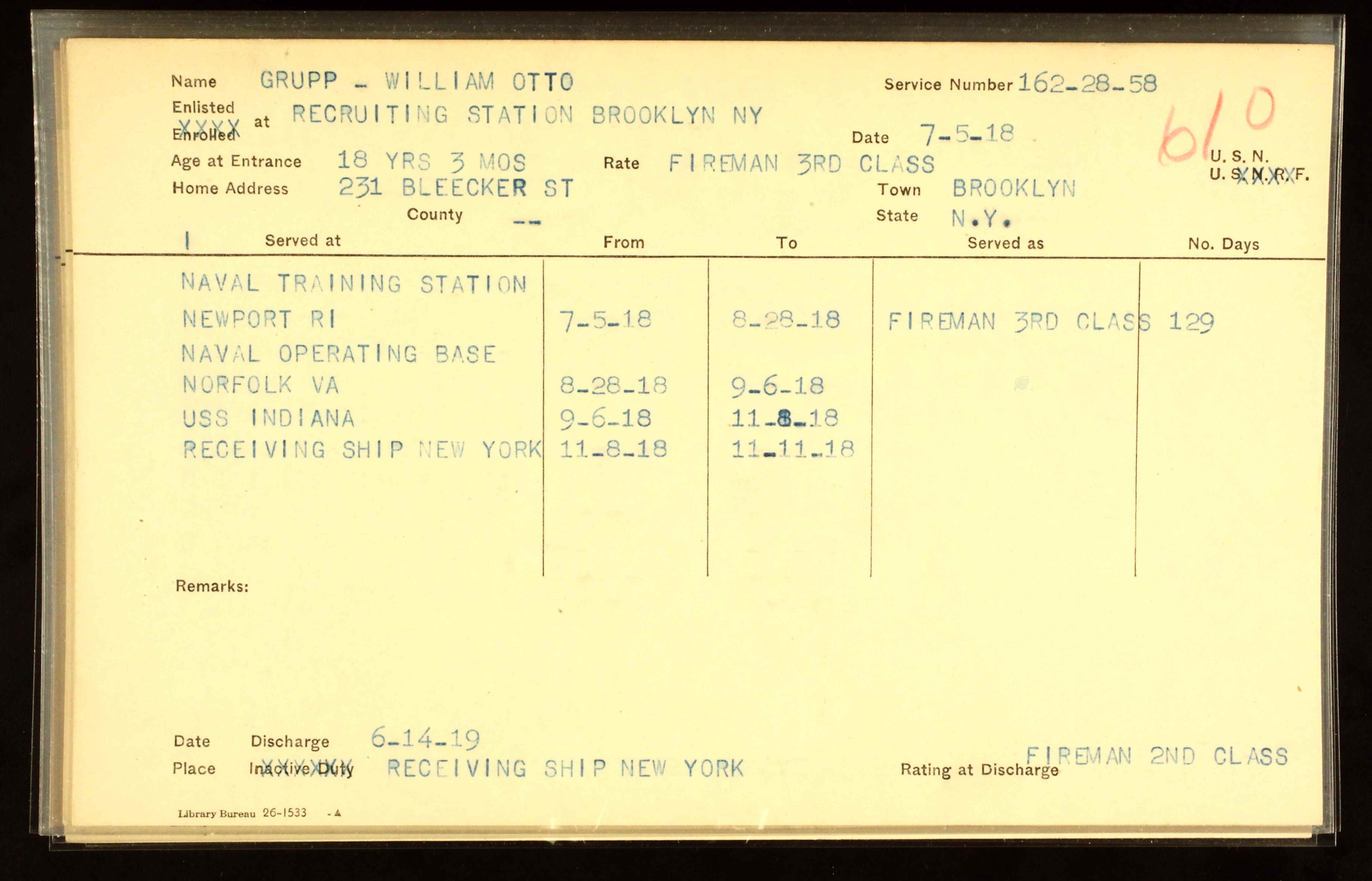 Abstract of Military Service for William Grupp