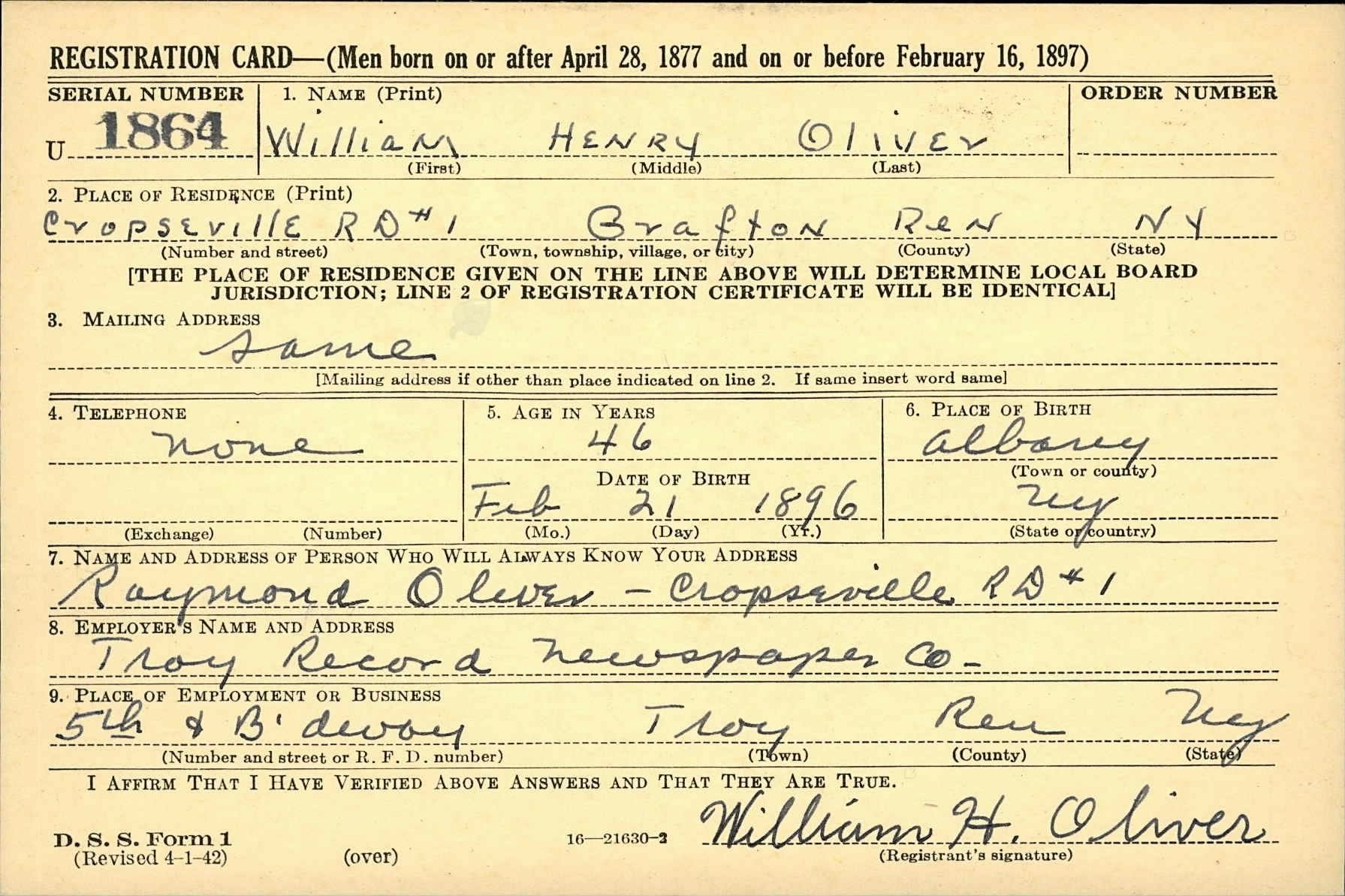 WWII Draft Registration for William Henry Oliver