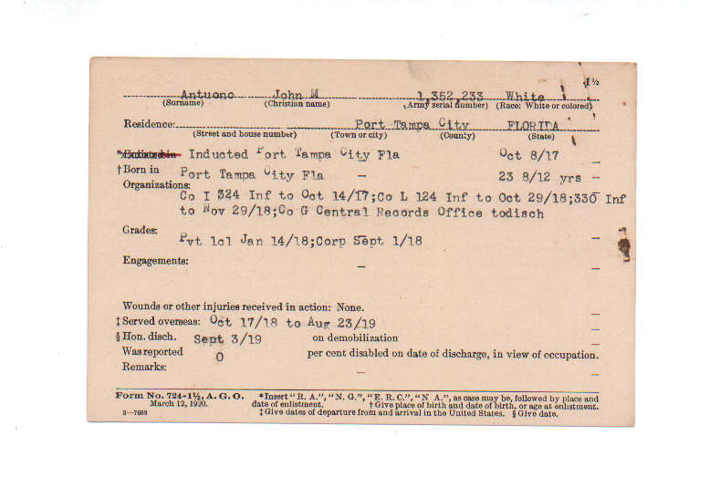 World War I Service Card, John Antuono