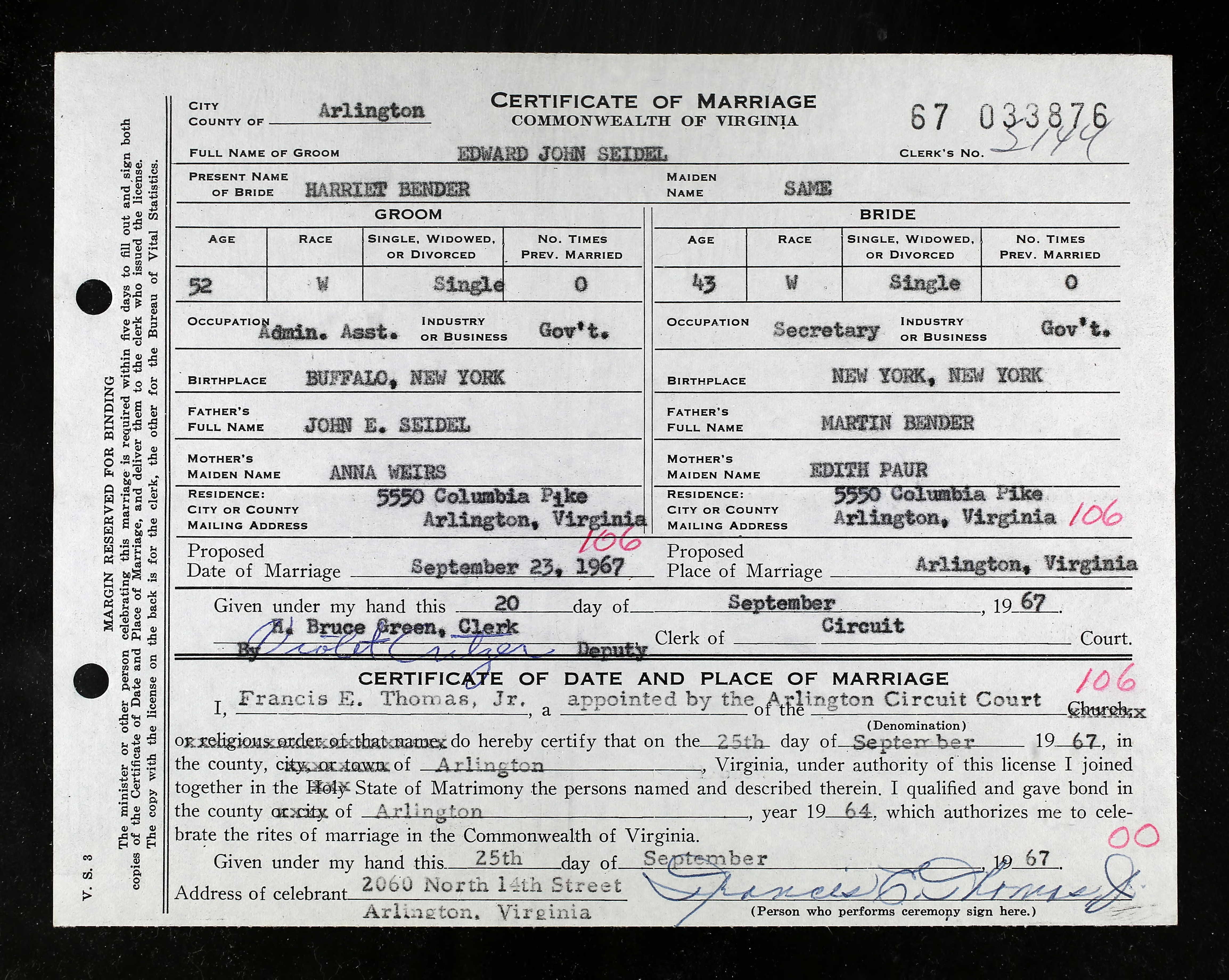 Certificate of Marriage, Edward John Seidel and Harriet Bender