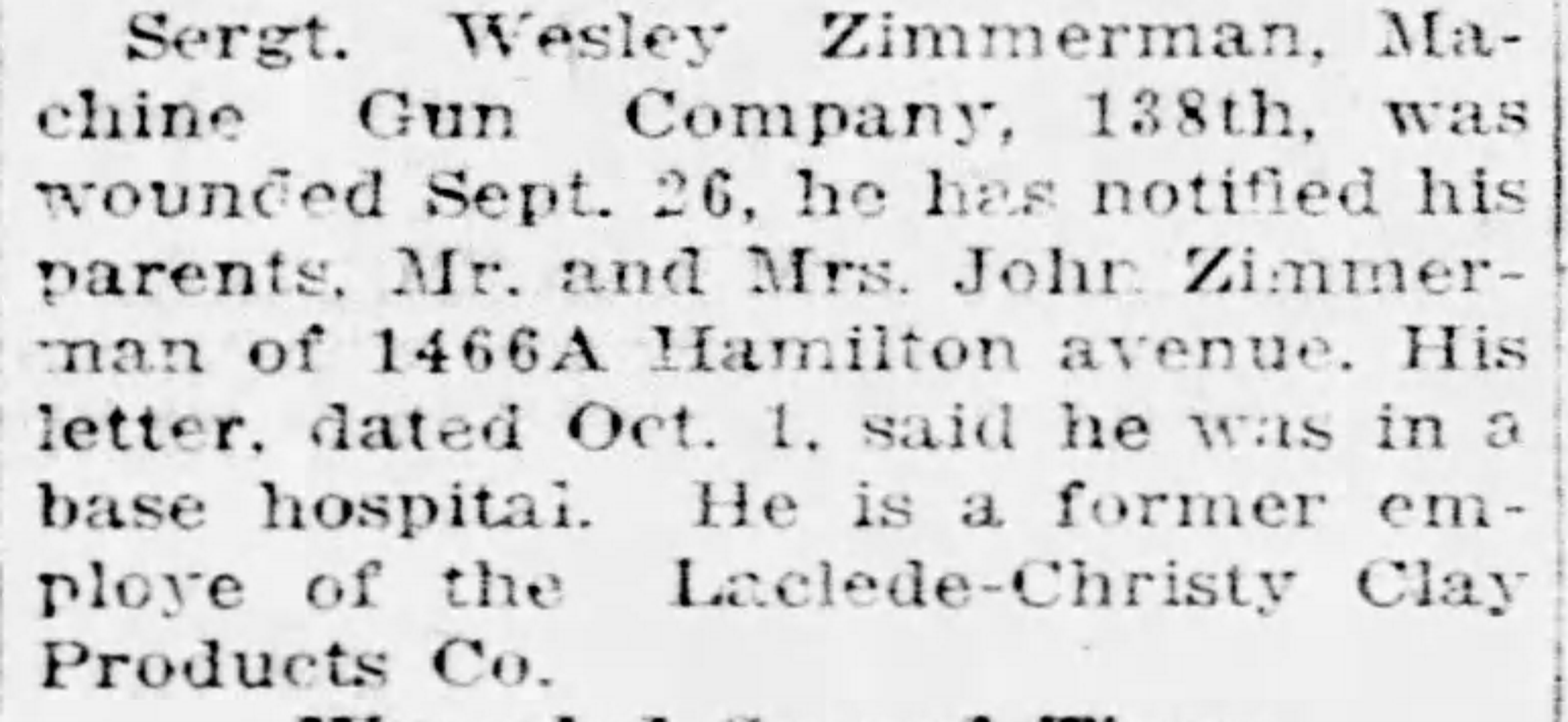 'Wesley Zimmerman Wounded,' St. Louis Post-Dispatch, October 22, 1918