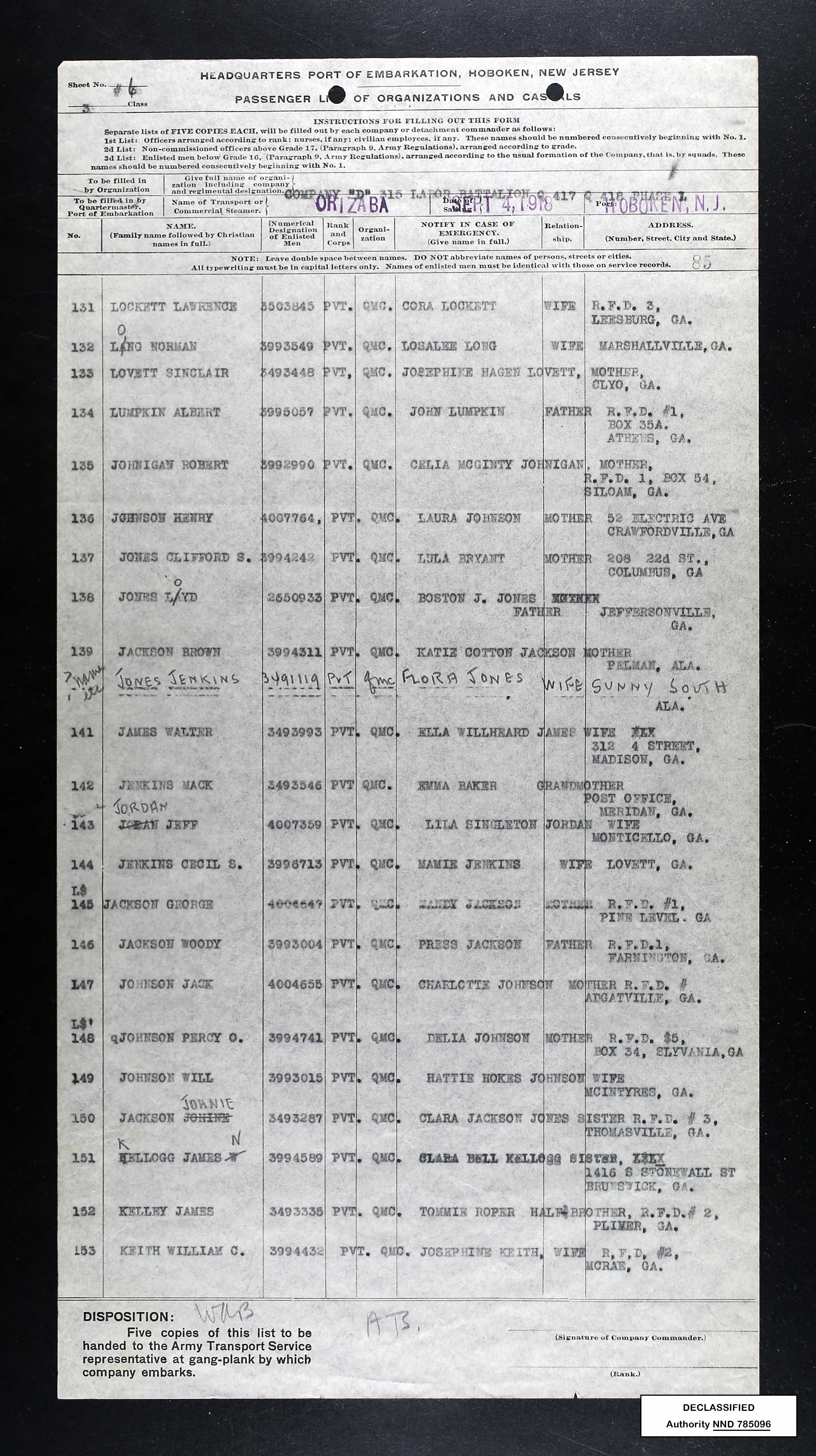 WWI Passenger Lists, Incoming