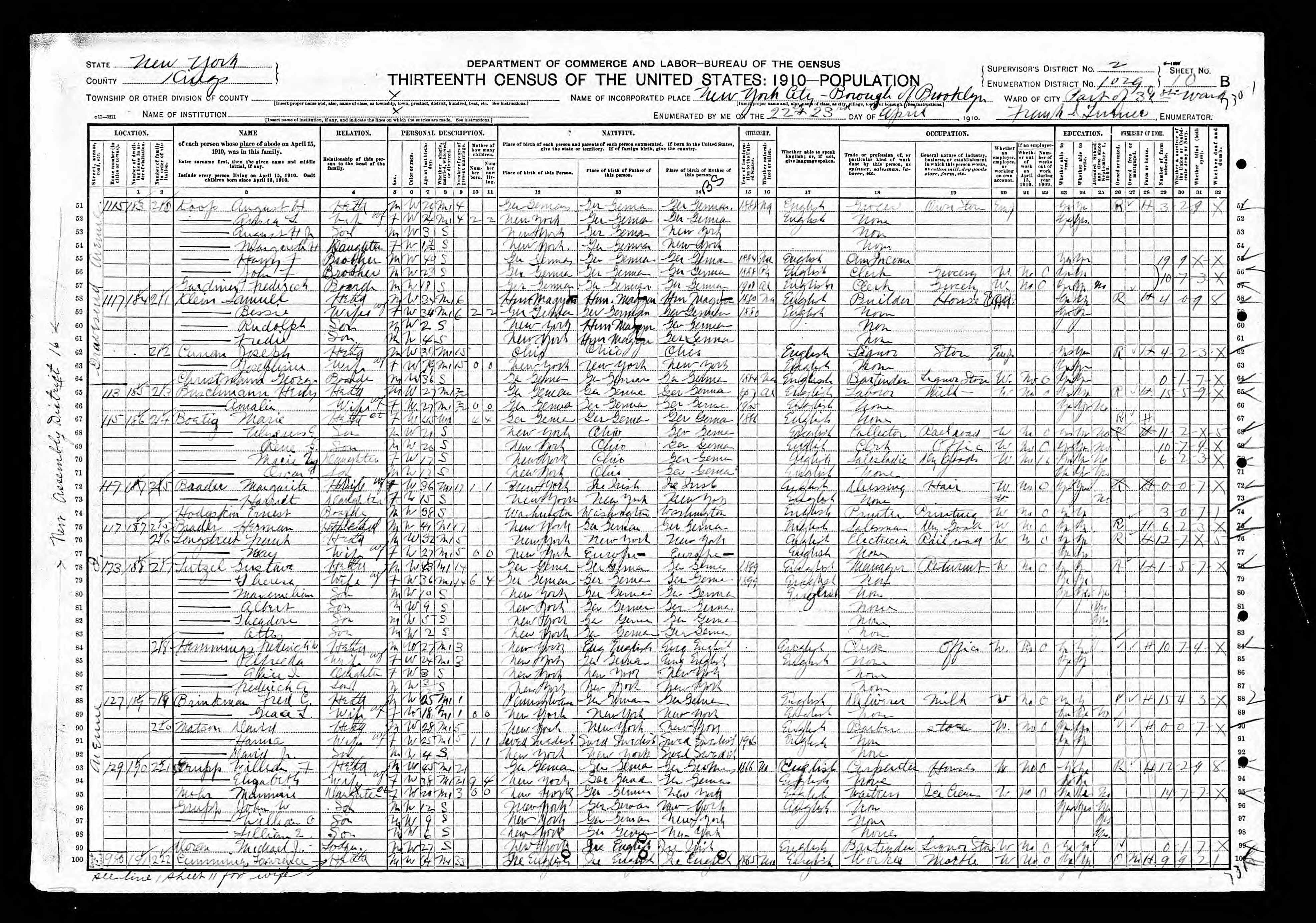 1910 US Census, William Grupp, line 97