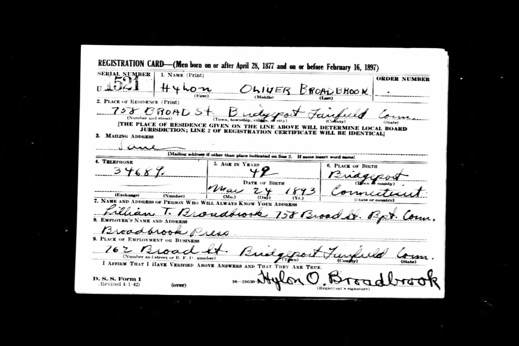 U.S., World War II Draft Registration Cards, 1942 for Hylon Broadbrook