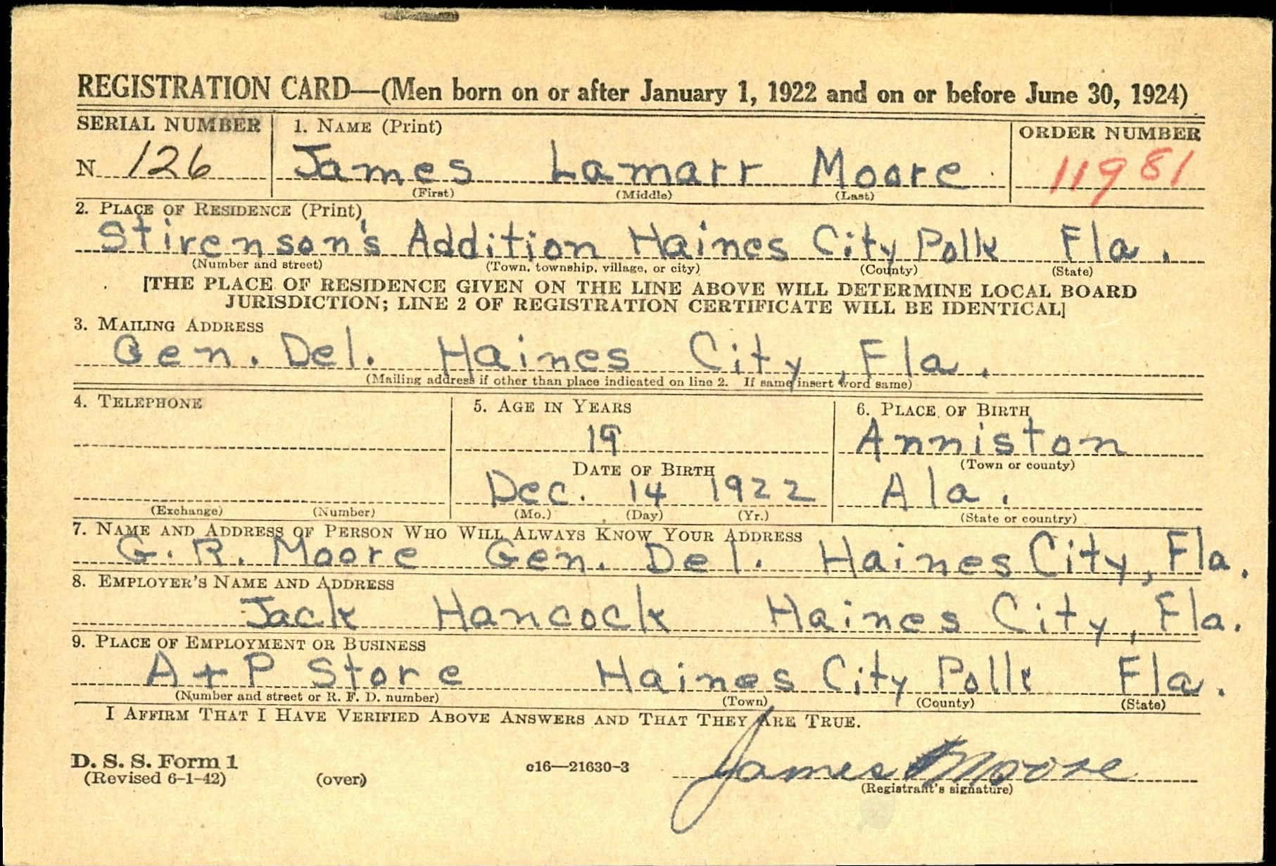 World War II Draft Registration Card for James Moore