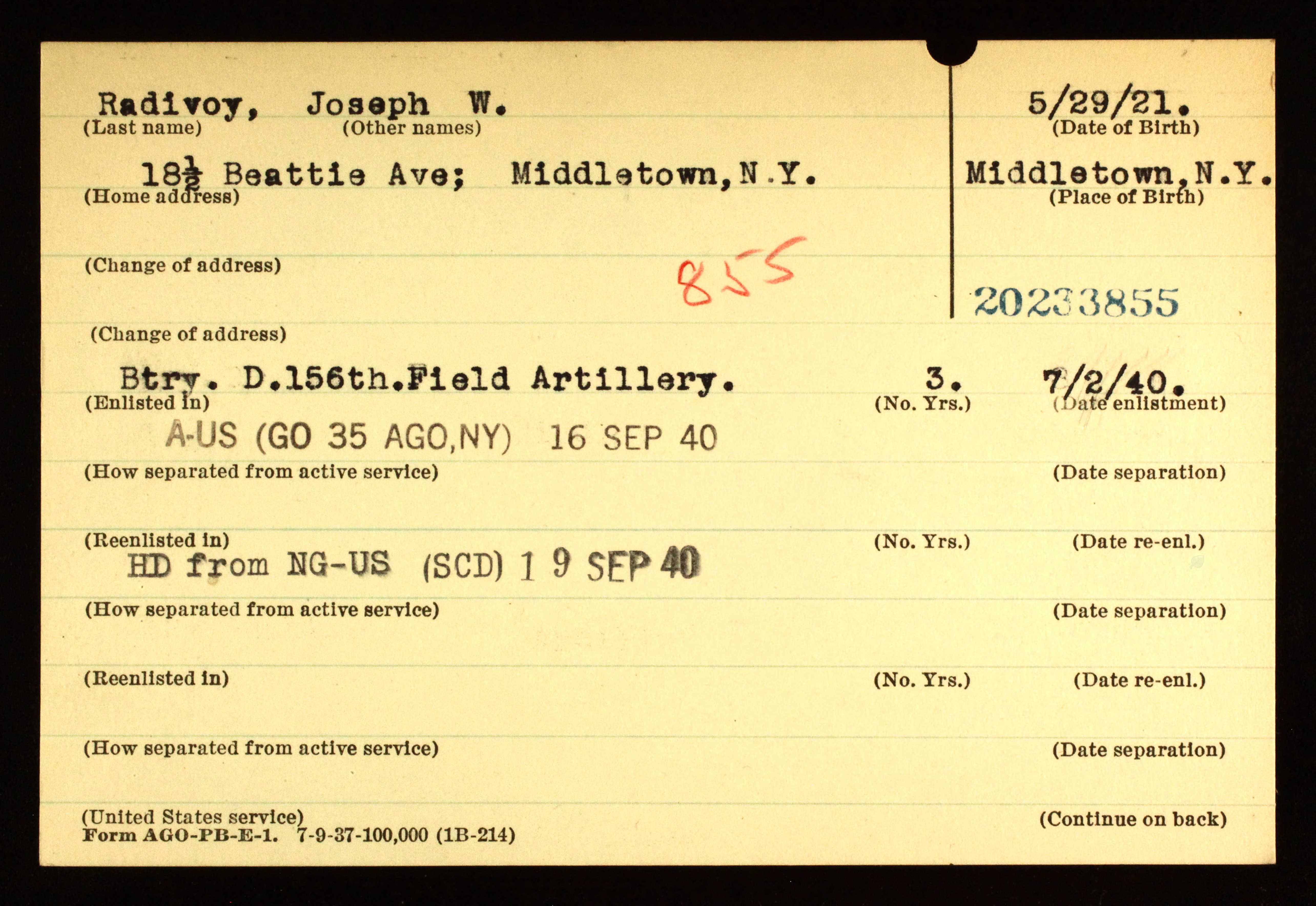 National Guard Service Card for Joseph Radivoy