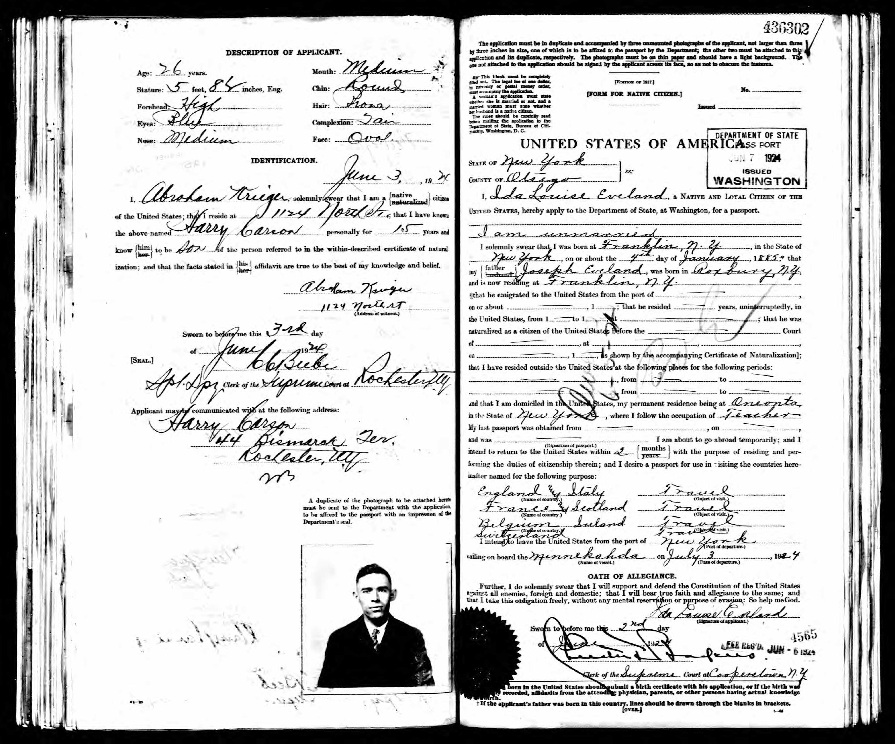 Harry Carson's Passport Application, 1924