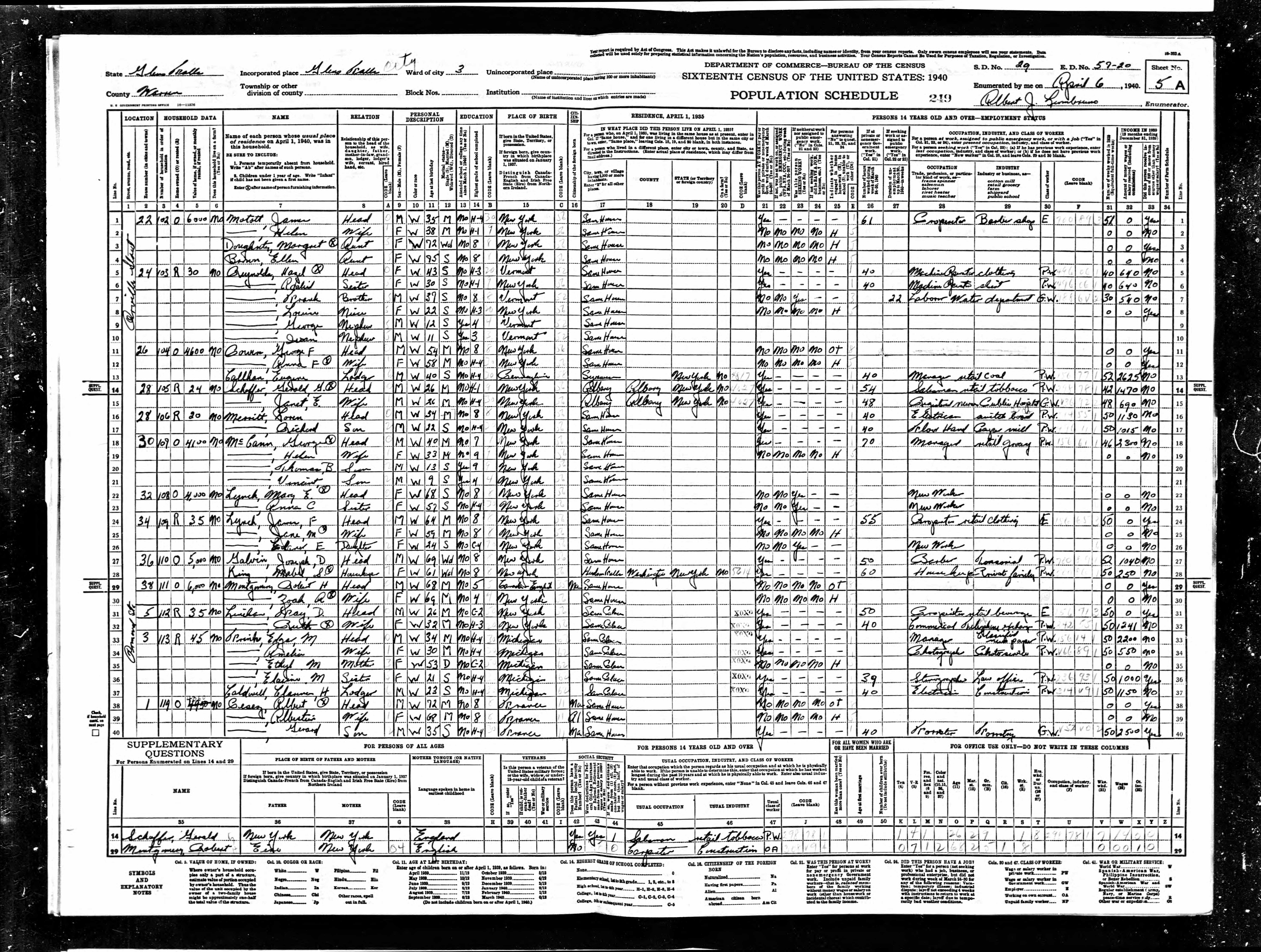 1940 US Census, George McCann and his family, lines 18-21