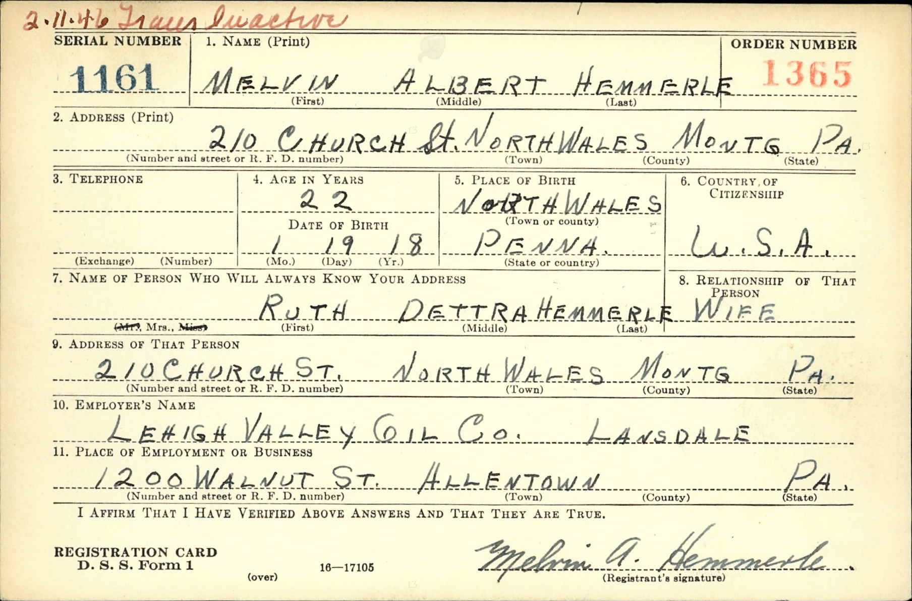 WWII Draft Registration Card for Melvin Hemmerle