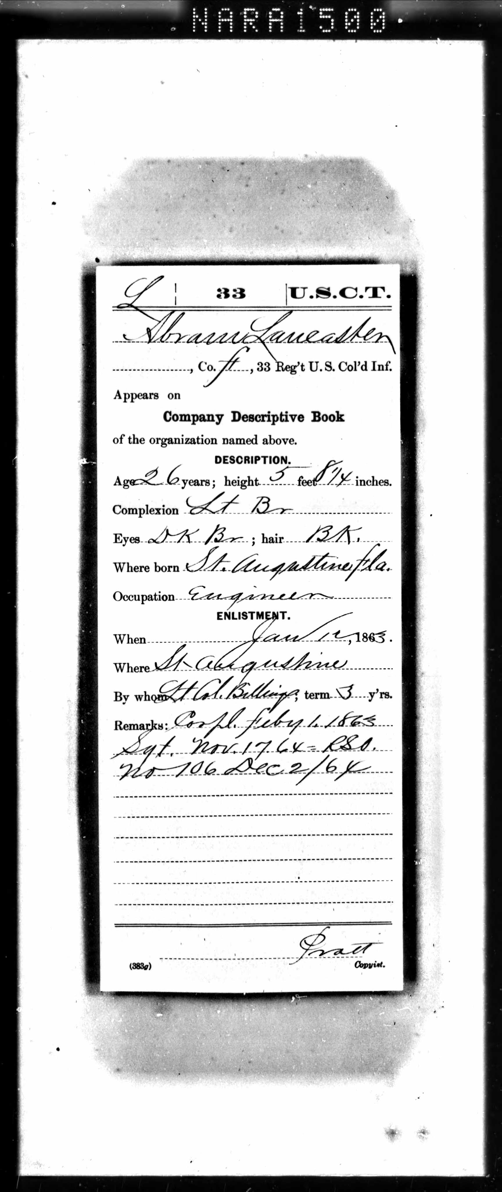 Civil War Service Card Company Descriptive Book