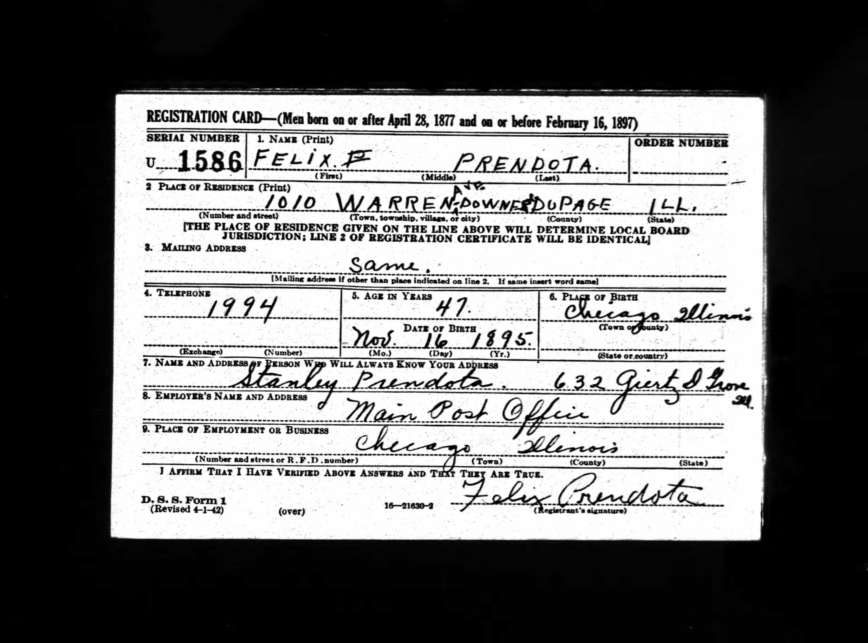 World War II Draft Card for Felix Prendota