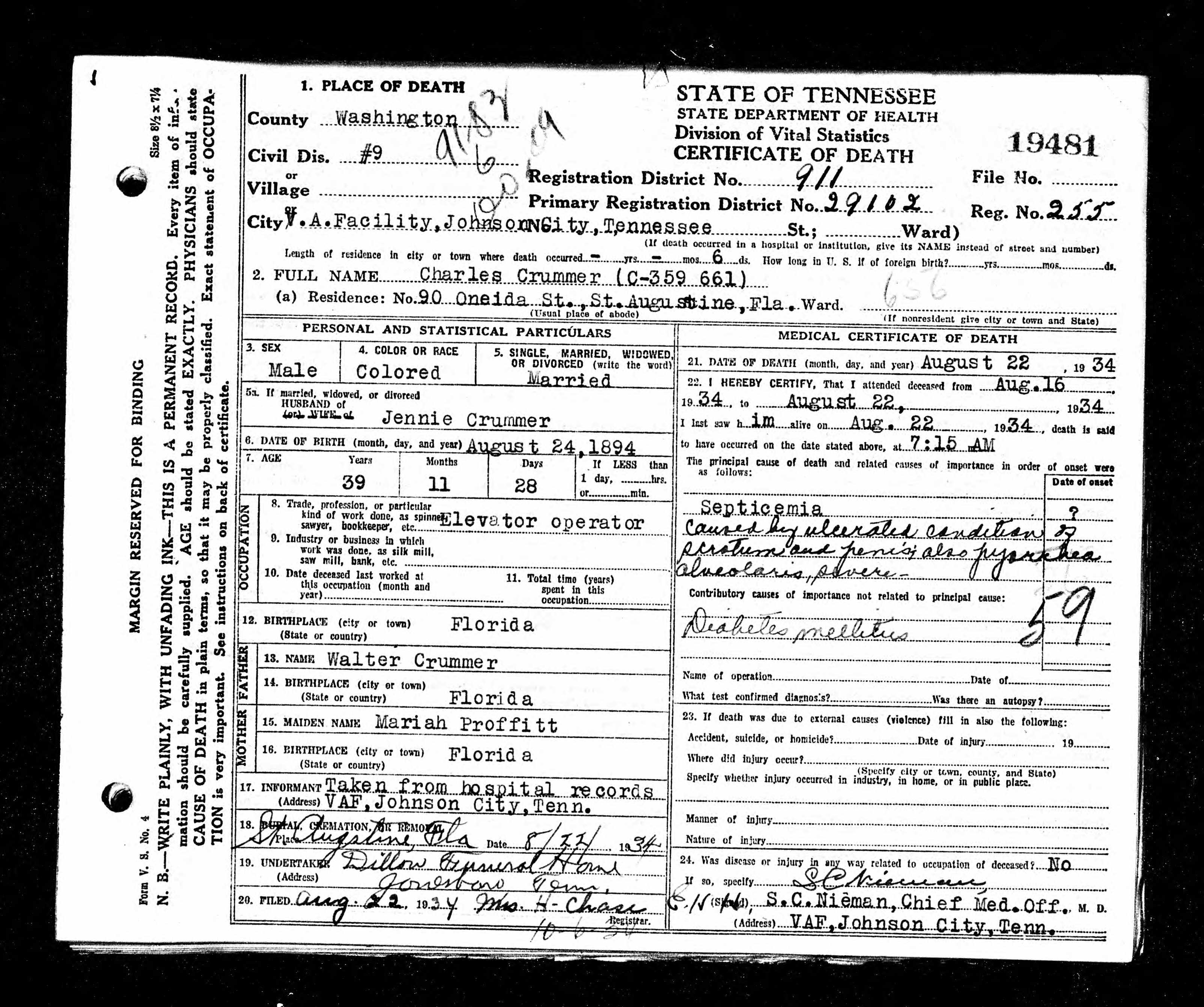 Death Record of Charles Walter Crummer