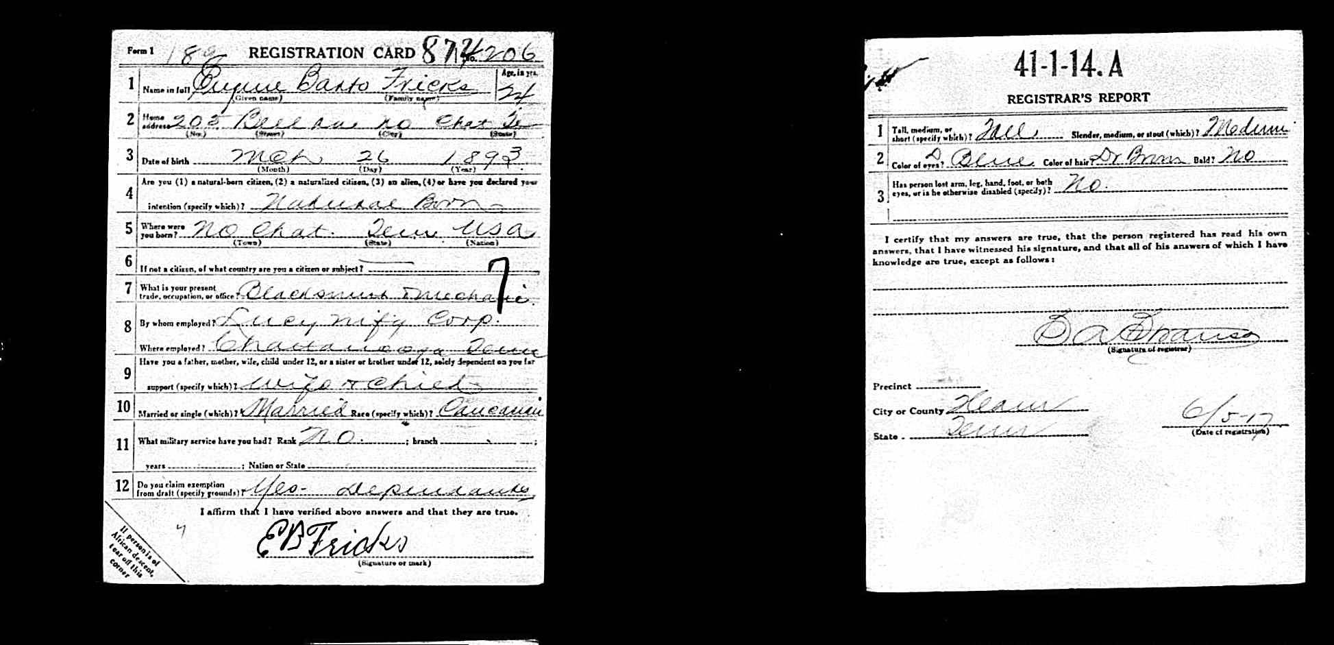 WWI Draft Registration Card for Eugene Fricks