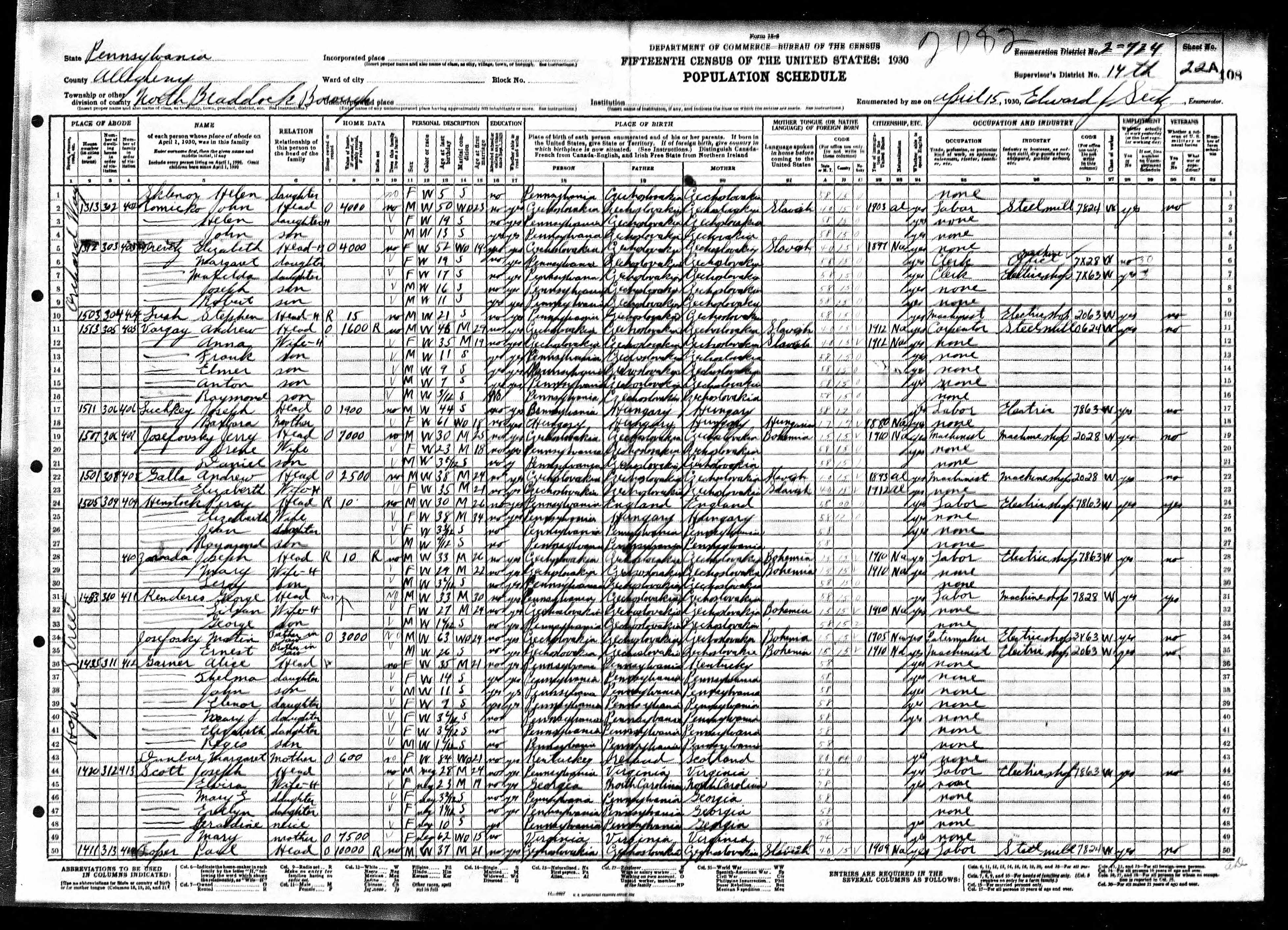1930 US Census, Leroy Zavada, line 30