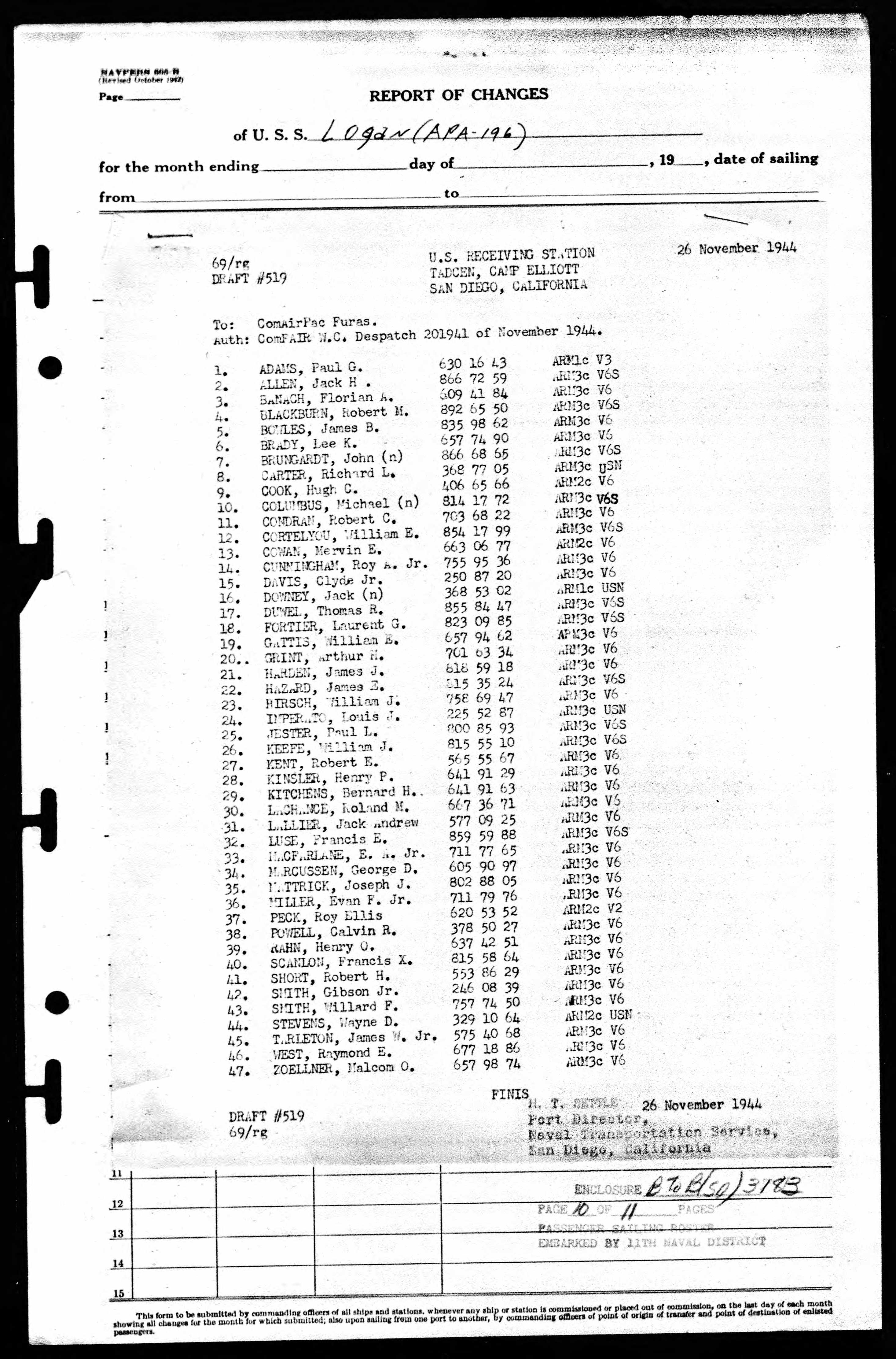 Muster Roll from USS Logan, November 26, 1944, Lee Kenneth Brady, line 6