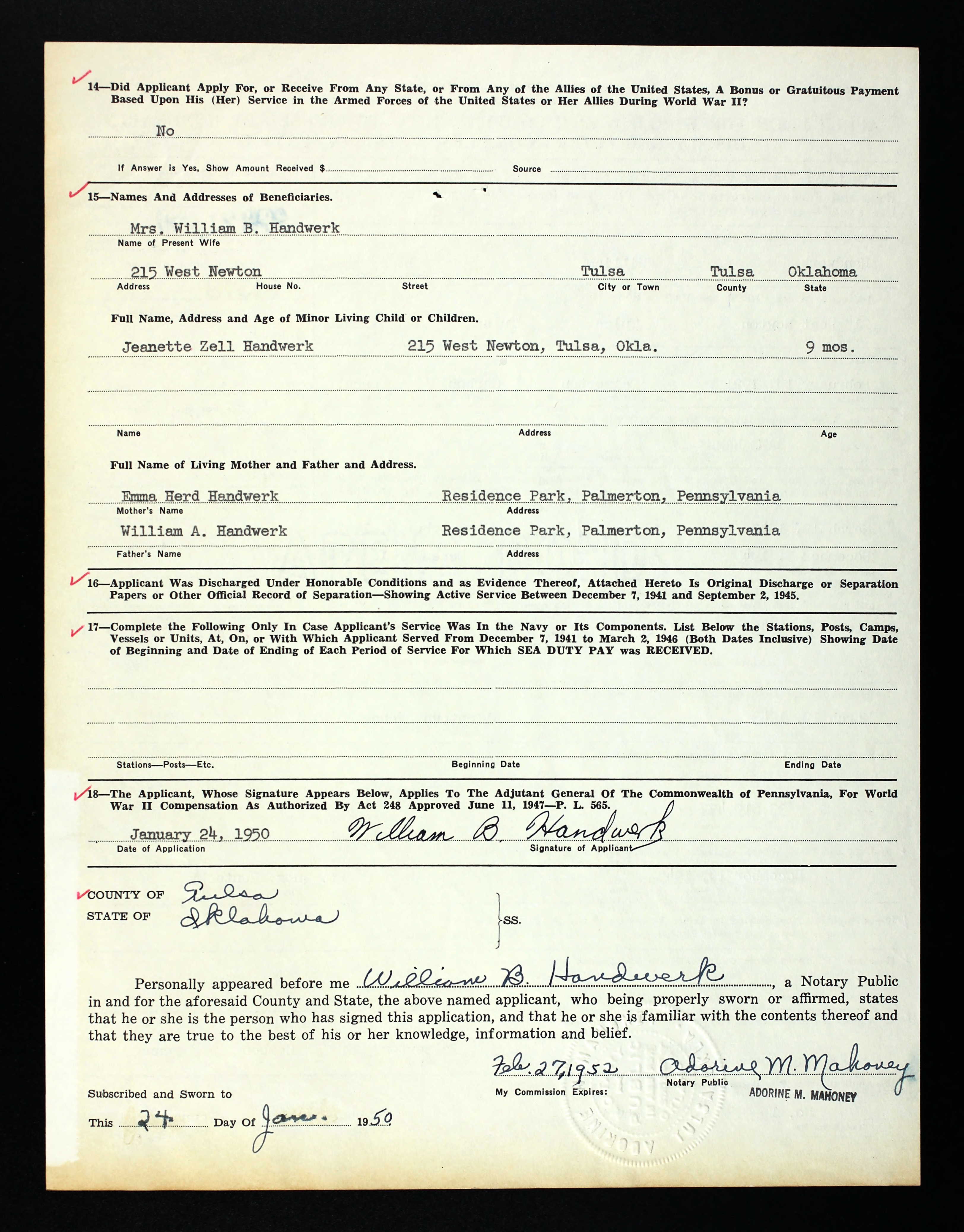 Veterans Compensation Application for the Commonwealth of Pennsylvania (Back Page)