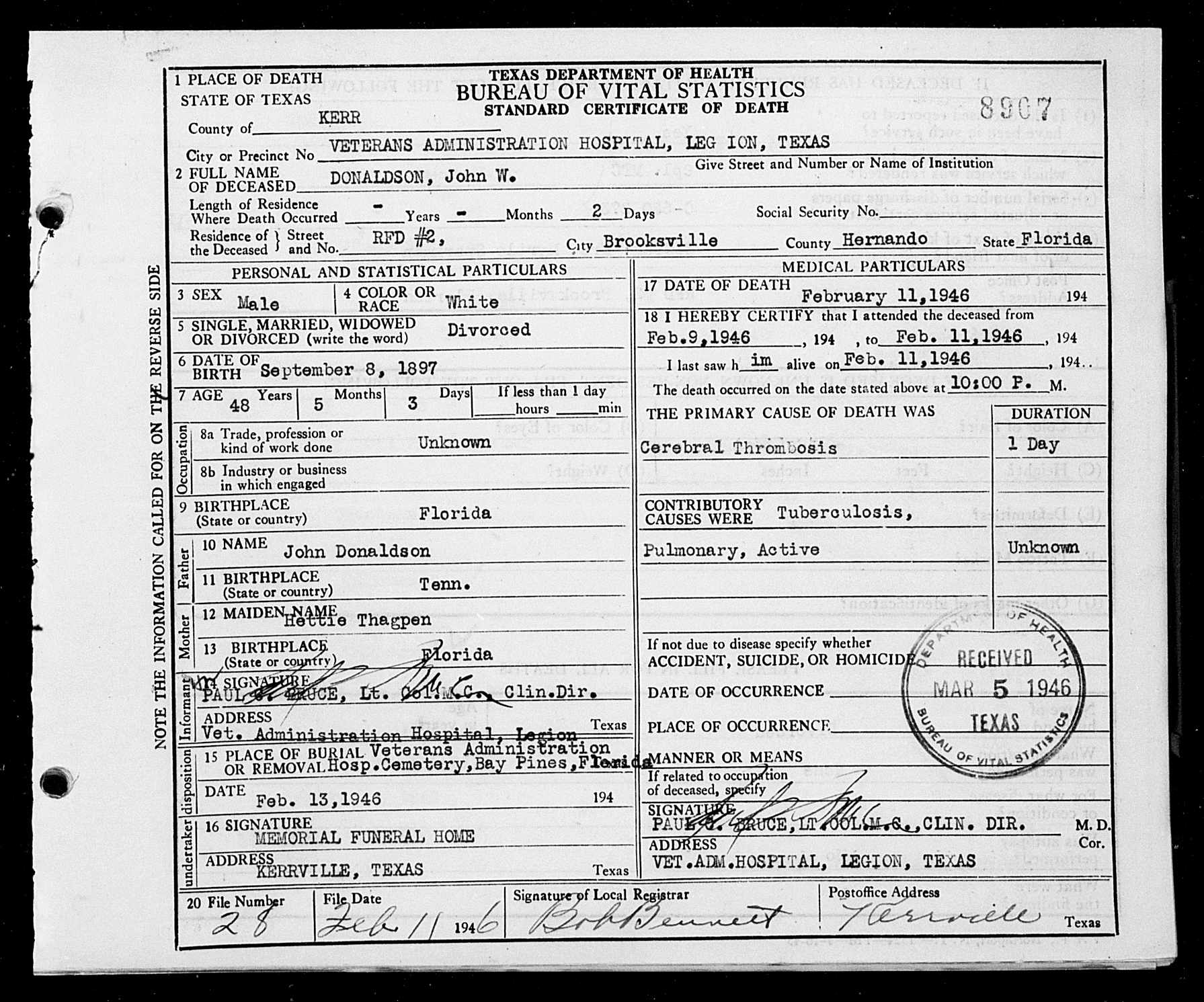 Donaldsons death certificate